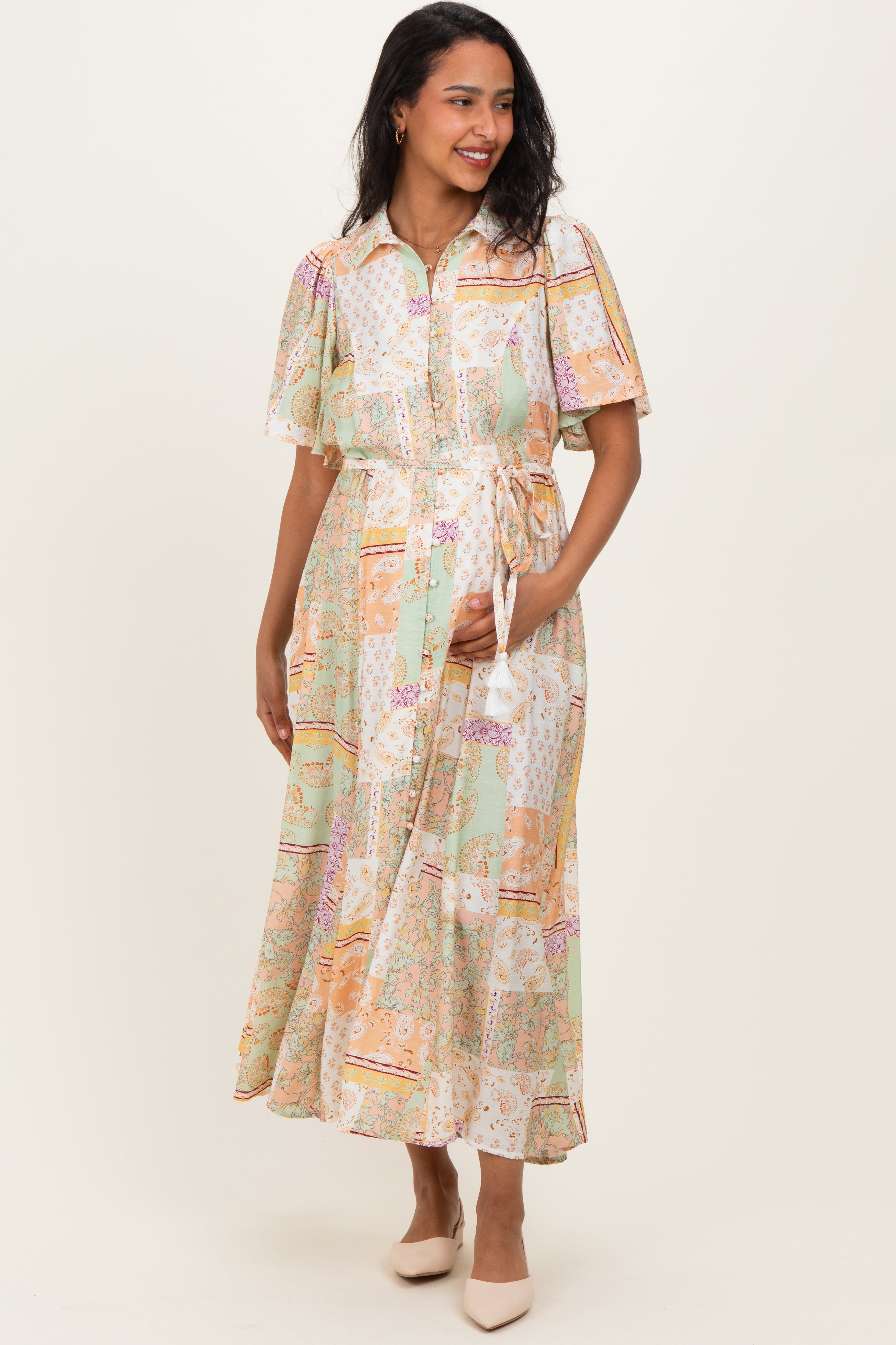 Umstandsmaxikleid mit Patchwork-Print und Knopfleiste in Multicolor