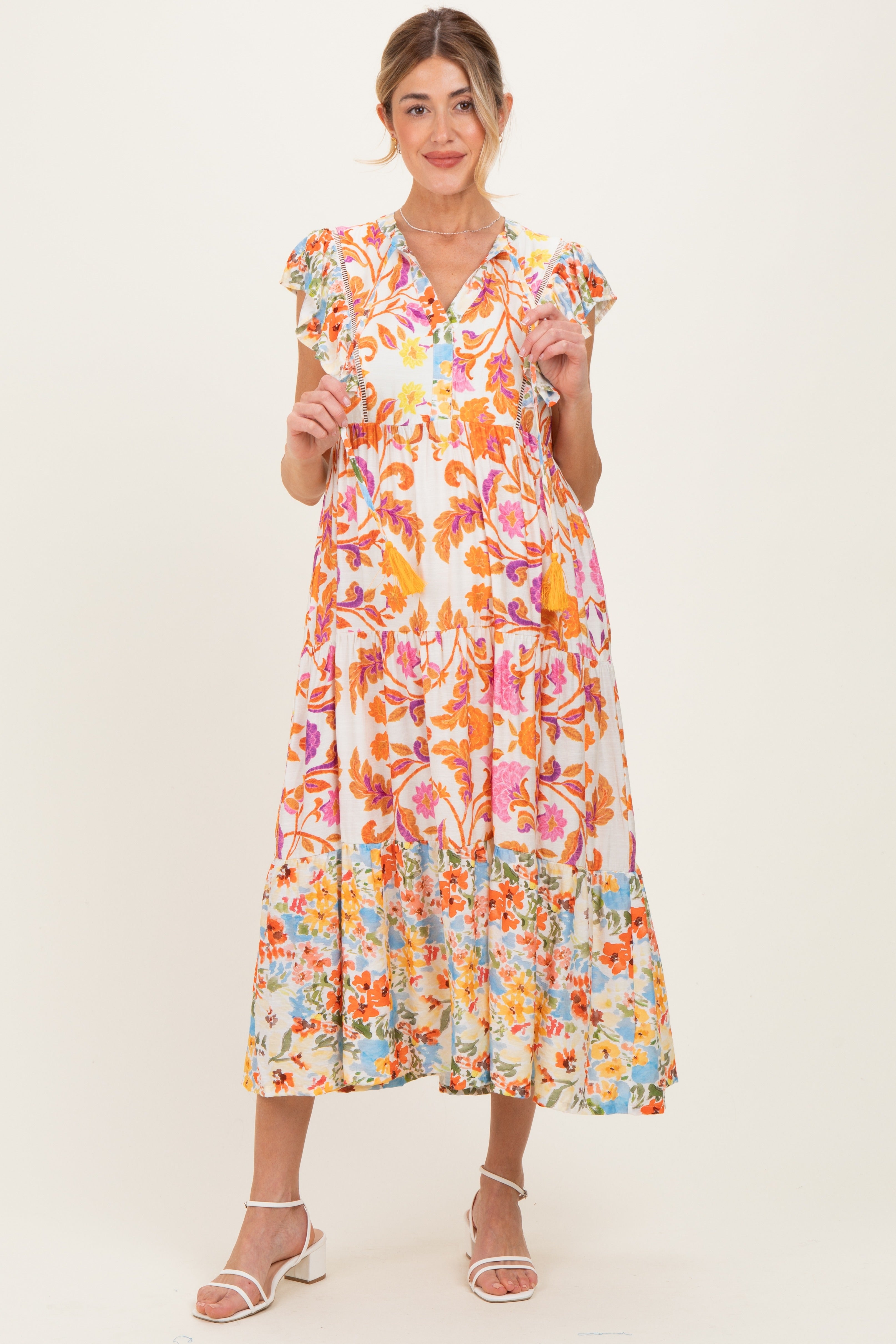 Umstandskleid mit Colorblock, Blumenmuster und Quasten-Bindeband in Orange