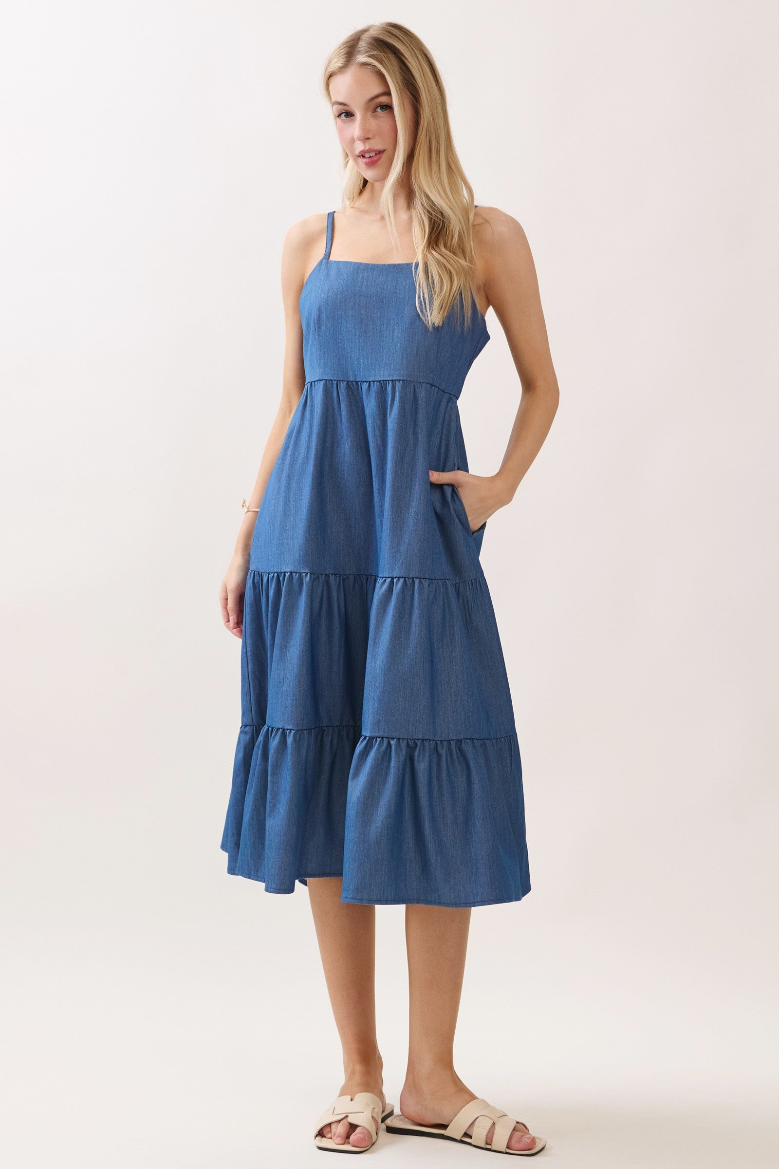 Ärmelloses gestuftes Umstands-Midikleid