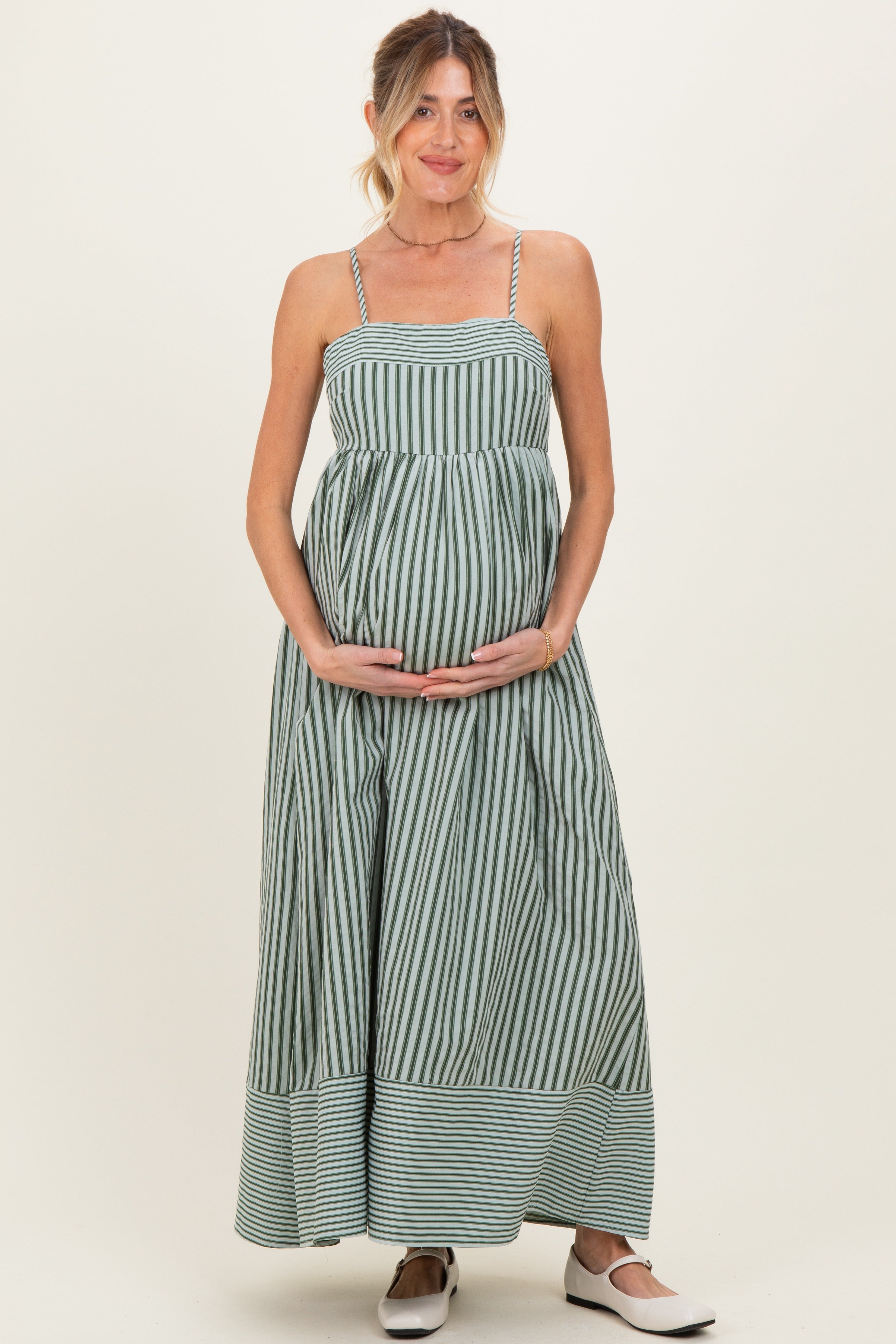 Ärmelloses Umstands-Maxikleid in Oliv mit Streifenmix