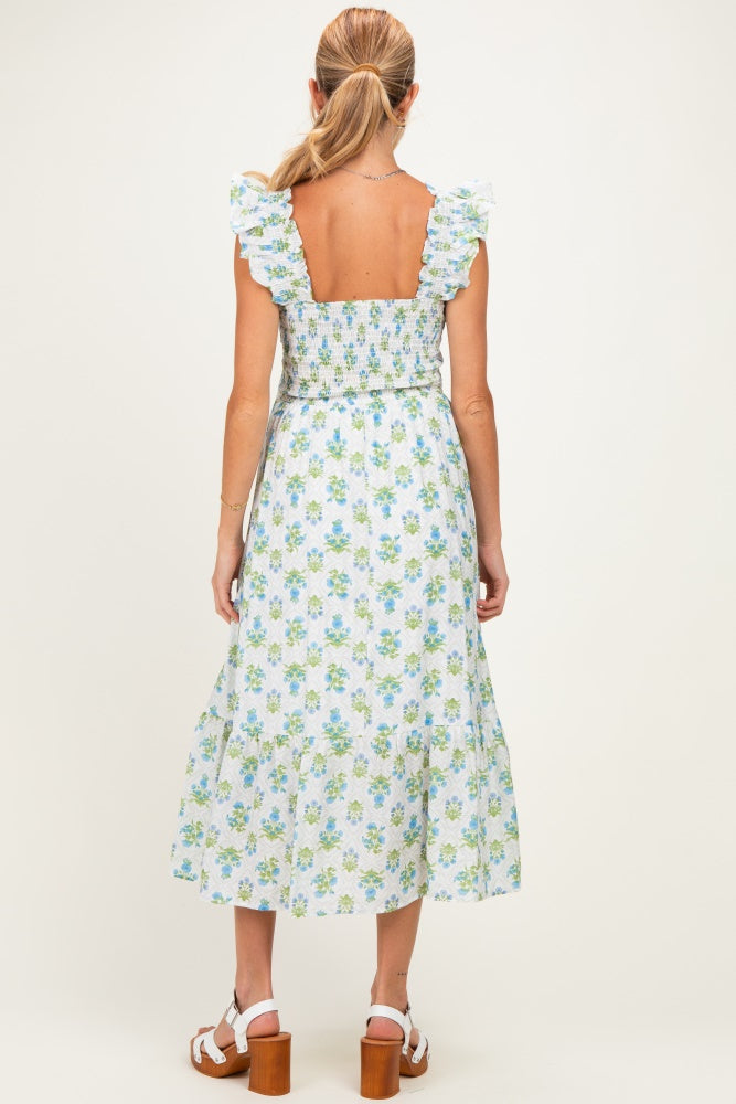 Ärmelloses Umstands-Midikleid mit Blumenmuster und Smok-Oberteil