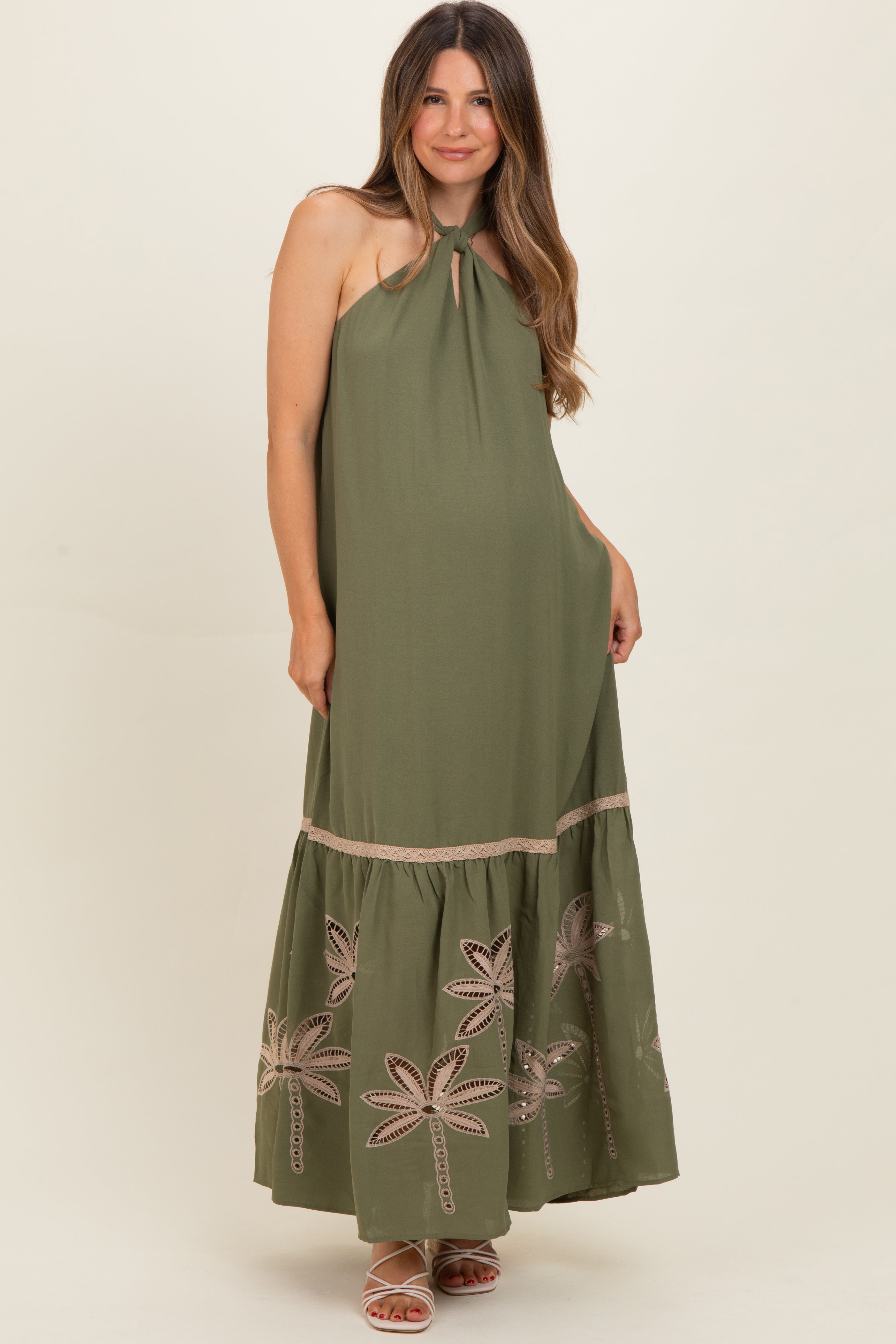 Besticktes Umstands-Maxikleid mit Neckholder