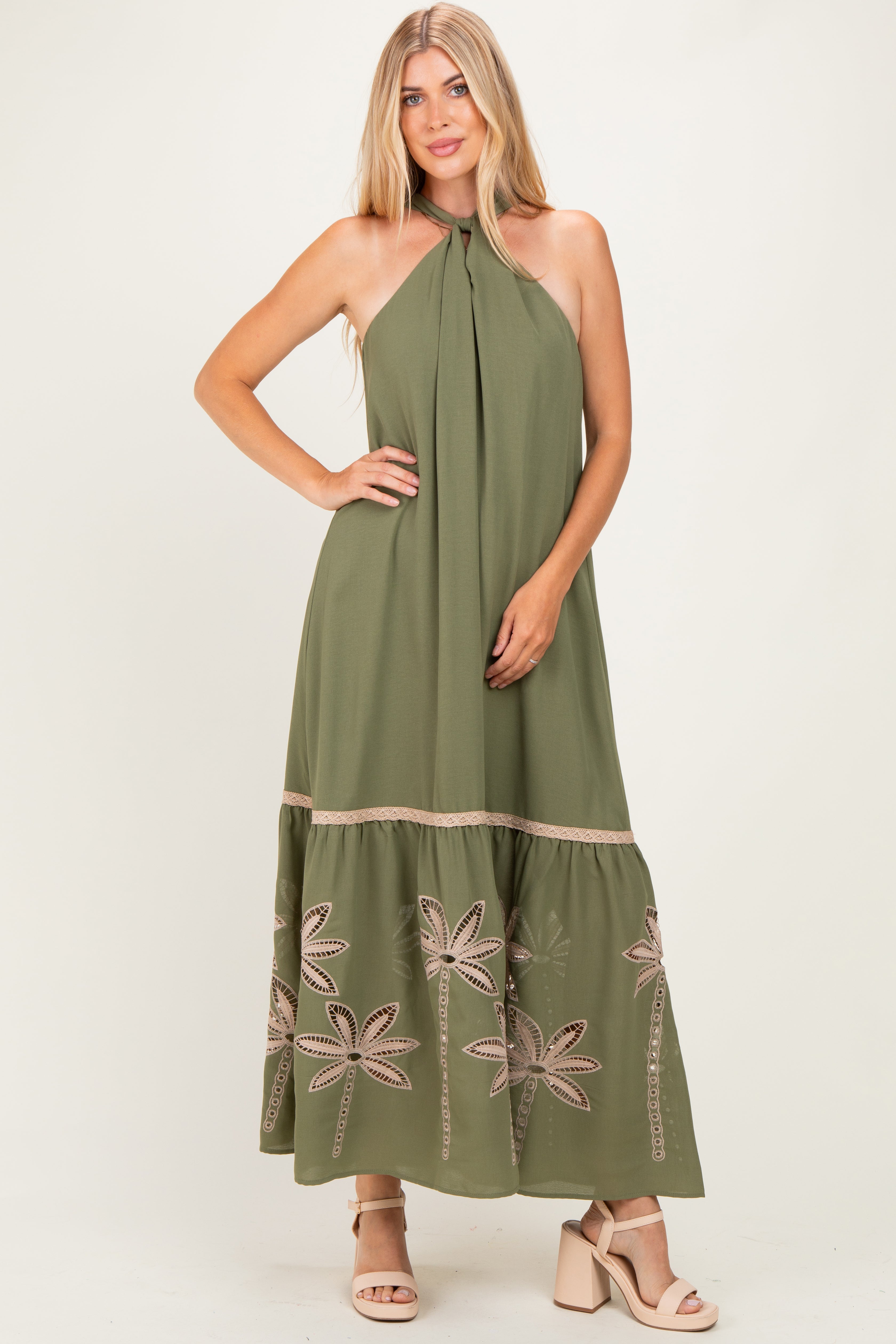 Besticktes Umstands-Maxikleid mit Neckholder