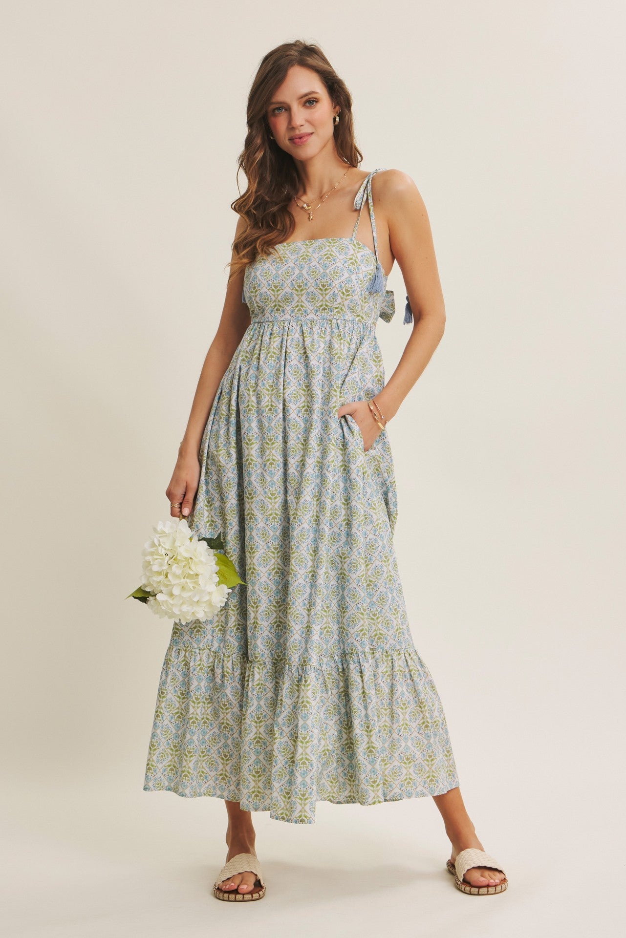 Umstands-Midikleid aus Baumwolle mit Blumenmuster, Rückenausschnitt und Schleife