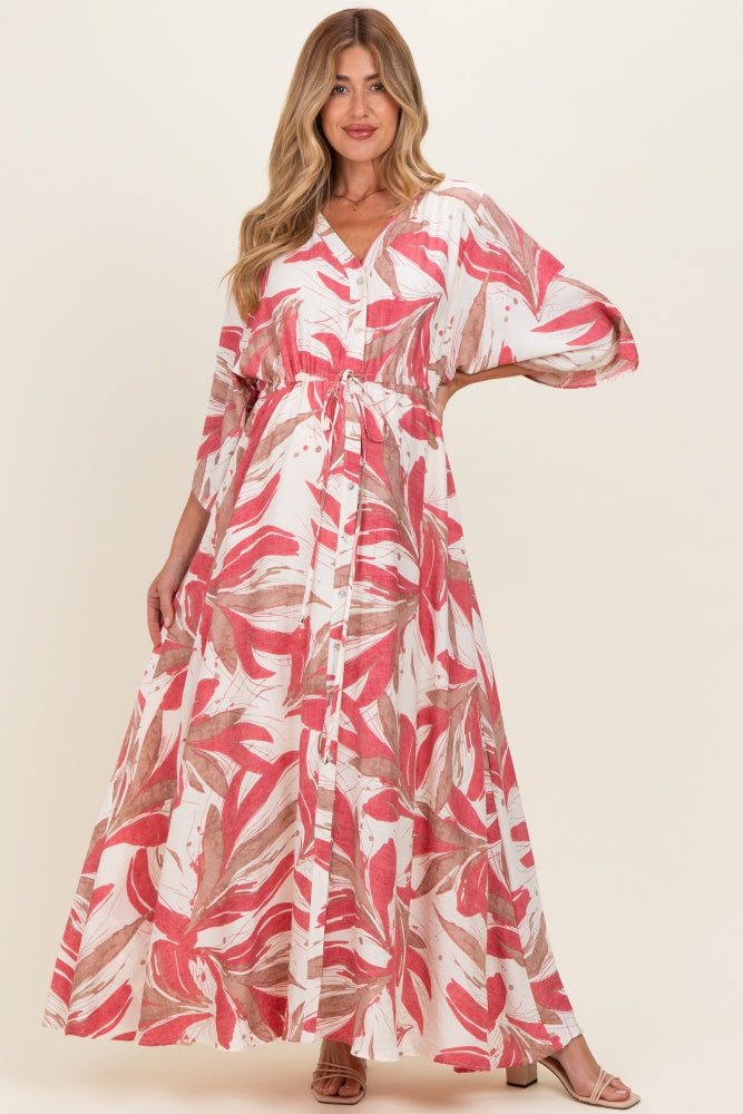 Umstands-Maxikleid mit Rosenprint, Knopfleiste und Taillenband