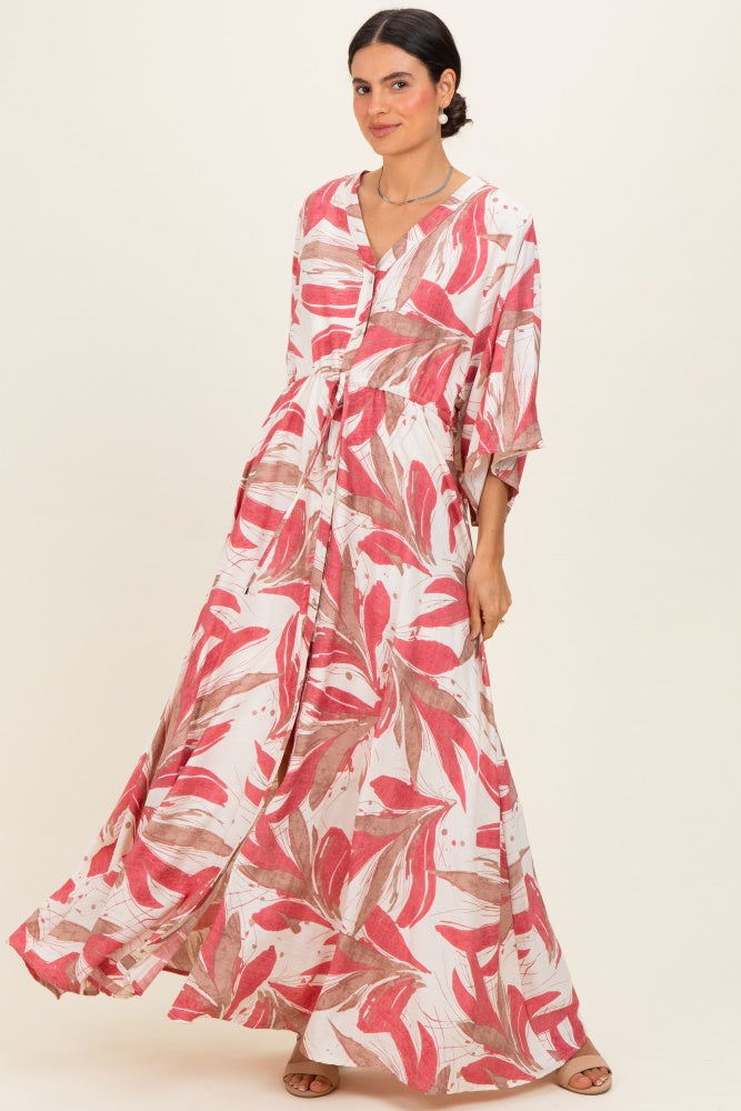 Umstands-Maxikleid mit Rosenprint, Knopfleiste und Taillenband
