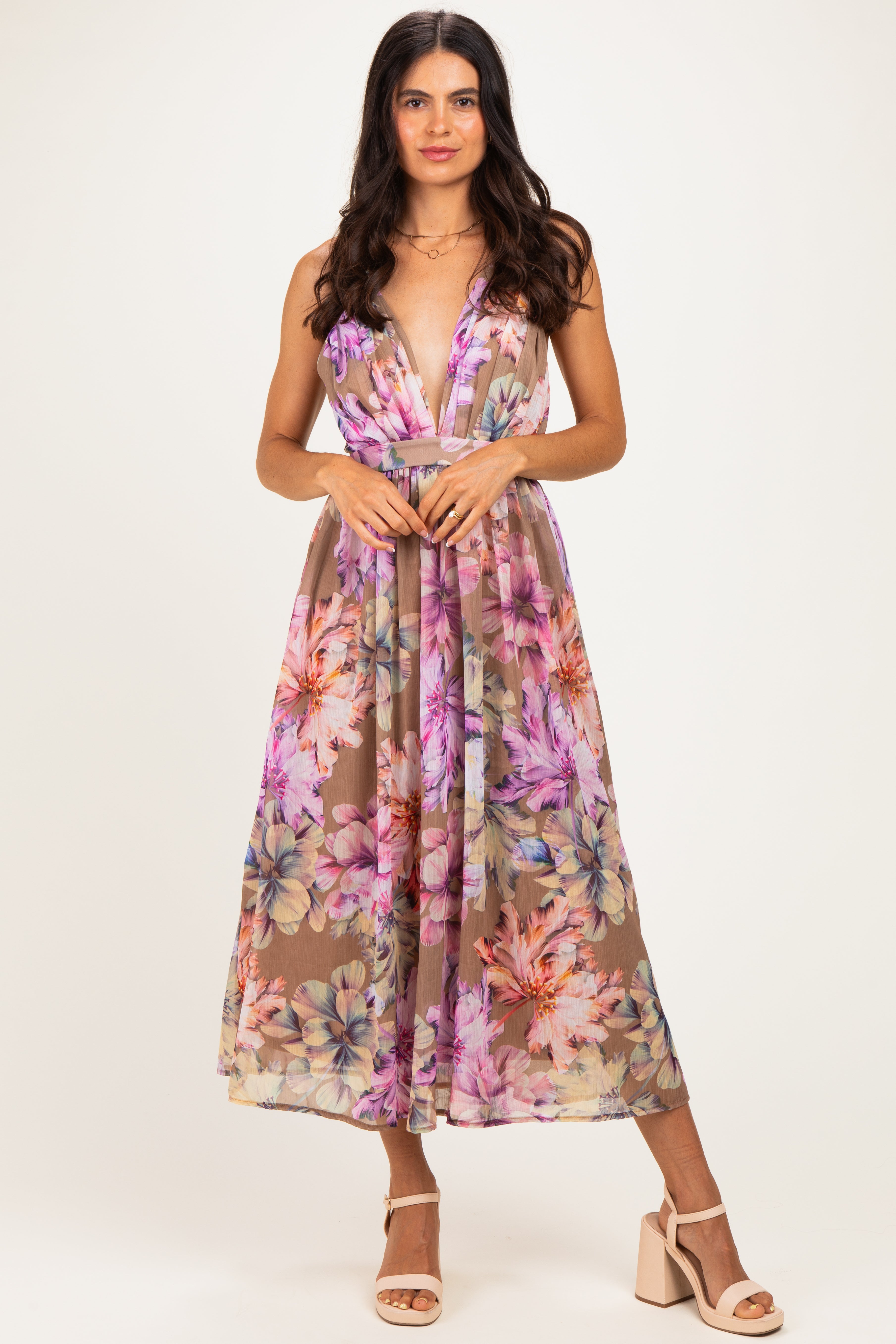 Umstands-Midikleid in Sandbraun mit Blumenmuster und Rückenausschnitt