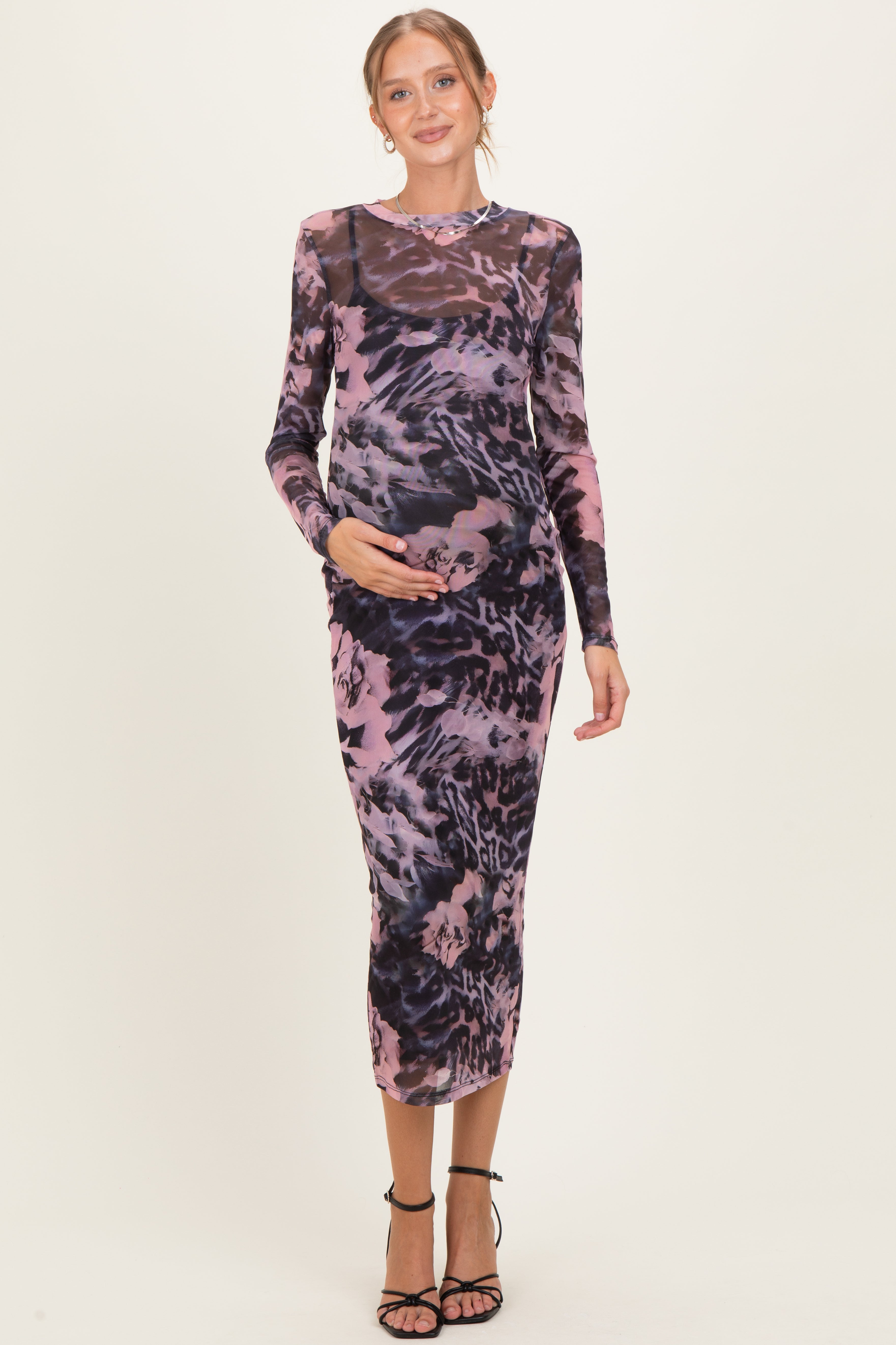 Umstandsmaxikleid mit Animal-Print und Mesh-Overlay in Rosa