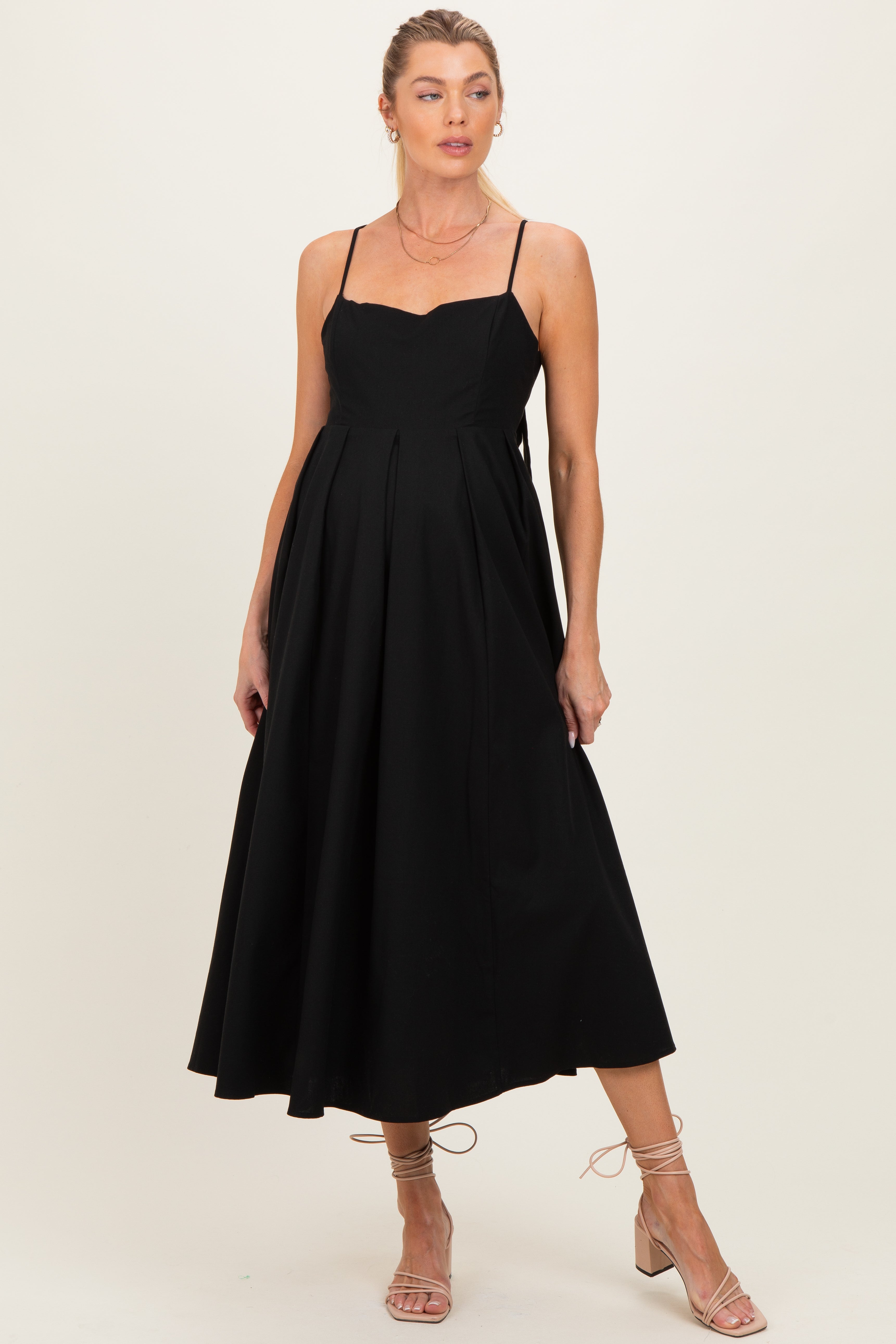 Ärmelloses ausgestelltes Umstands-Midikleid aus Leinen mit Rückenband