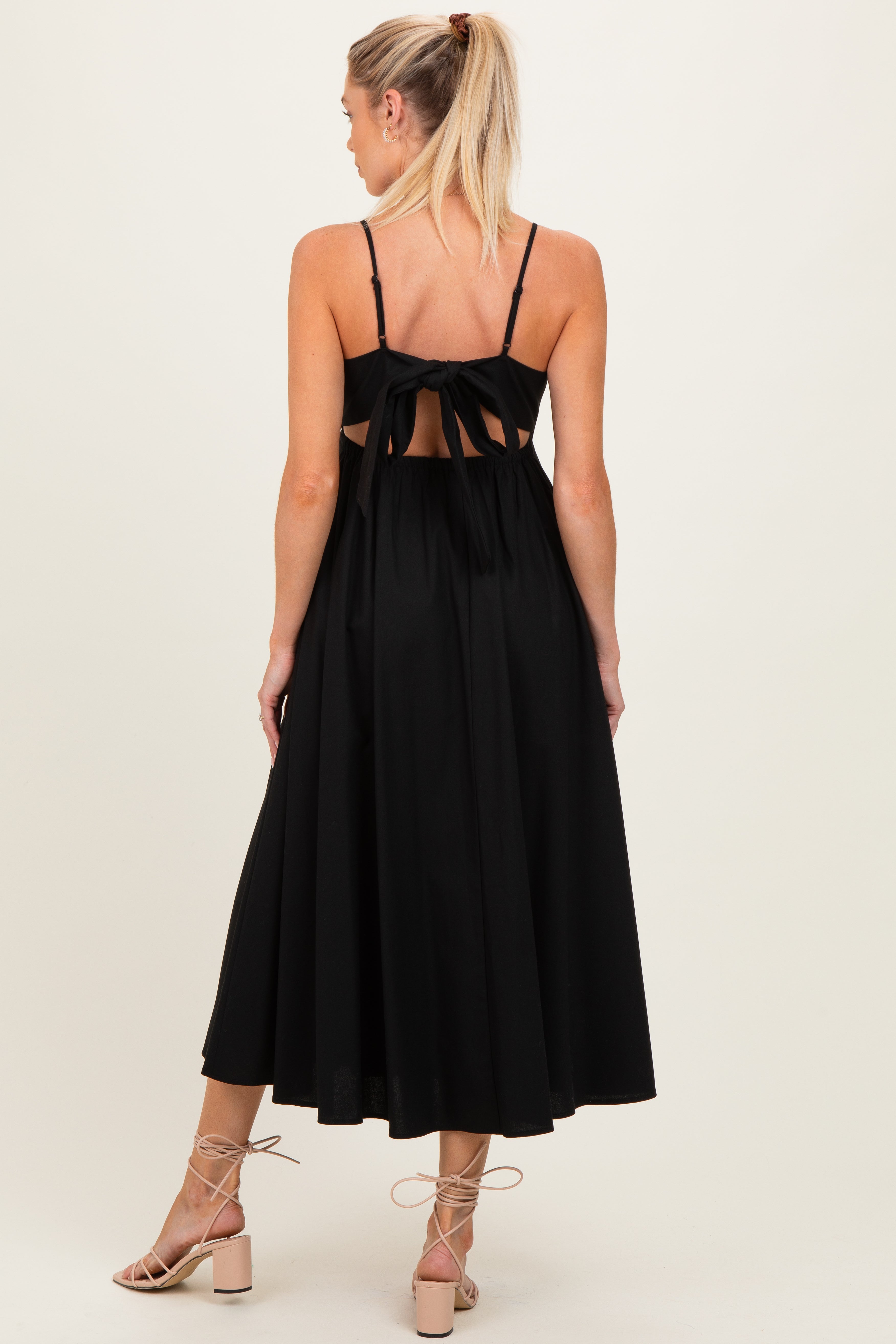 Ärmelloses ausgestelltes Umstands-Midikleid aus Leinen mit Rückenband