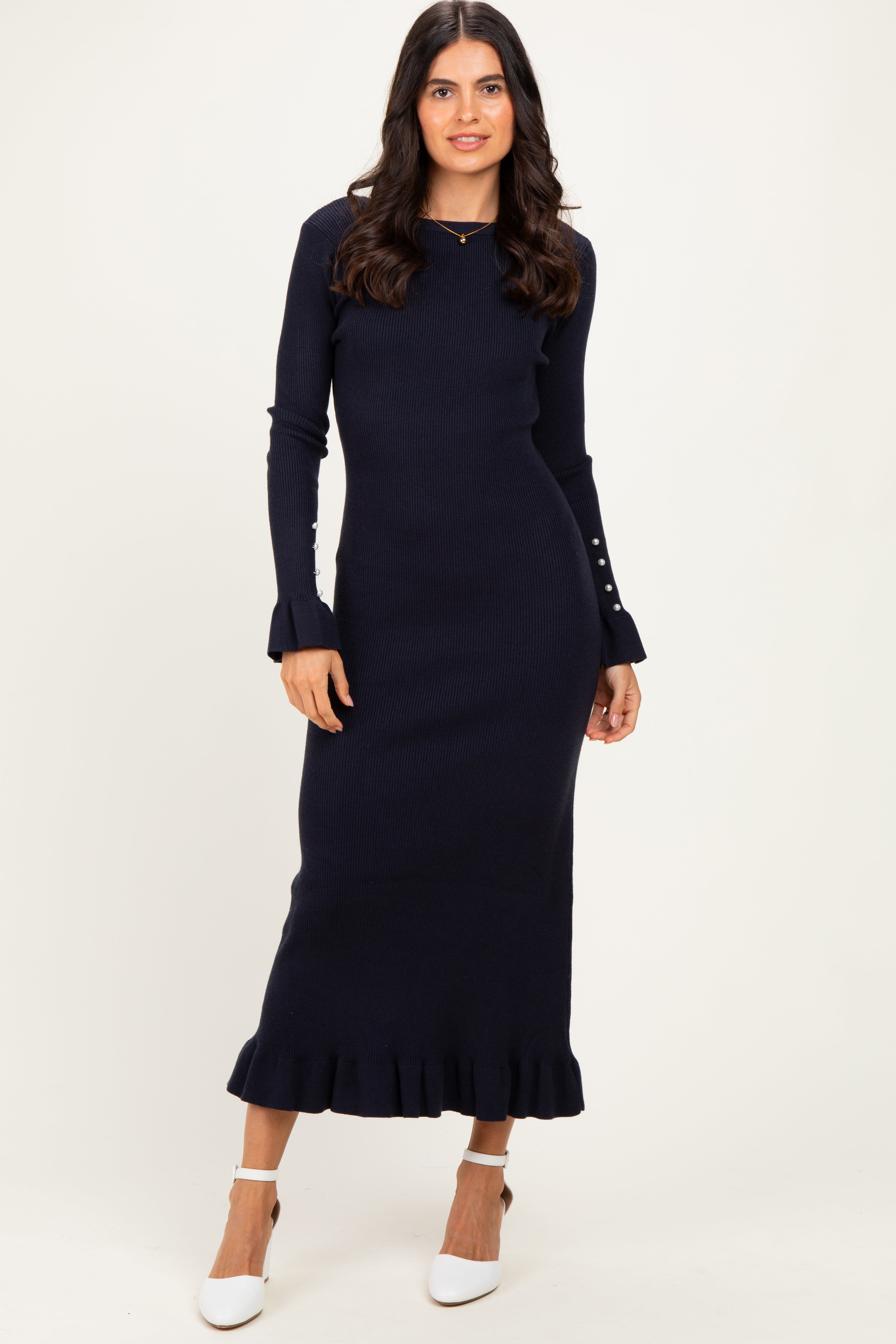 Geripptes Umstands-Strickkleid mit langen Ärmeln in Marineblau