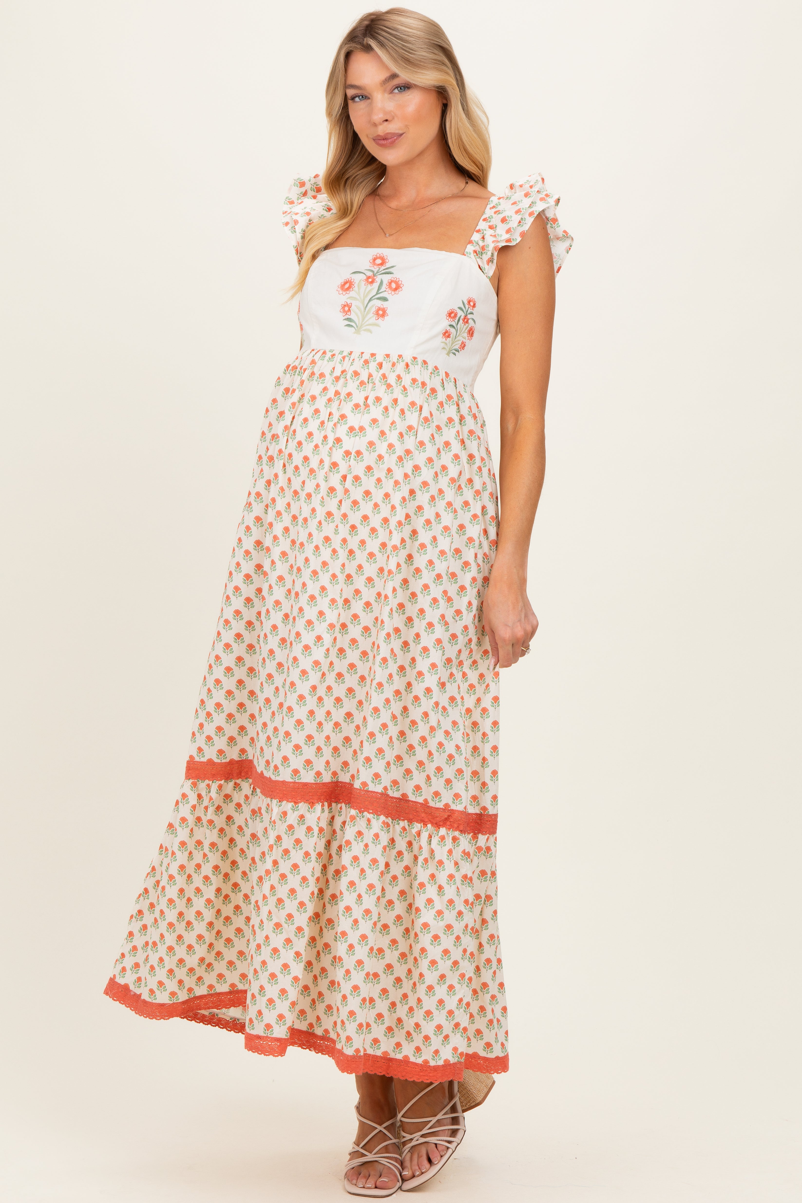 Florales besticktes Umstands-Maxikleid in Koralle