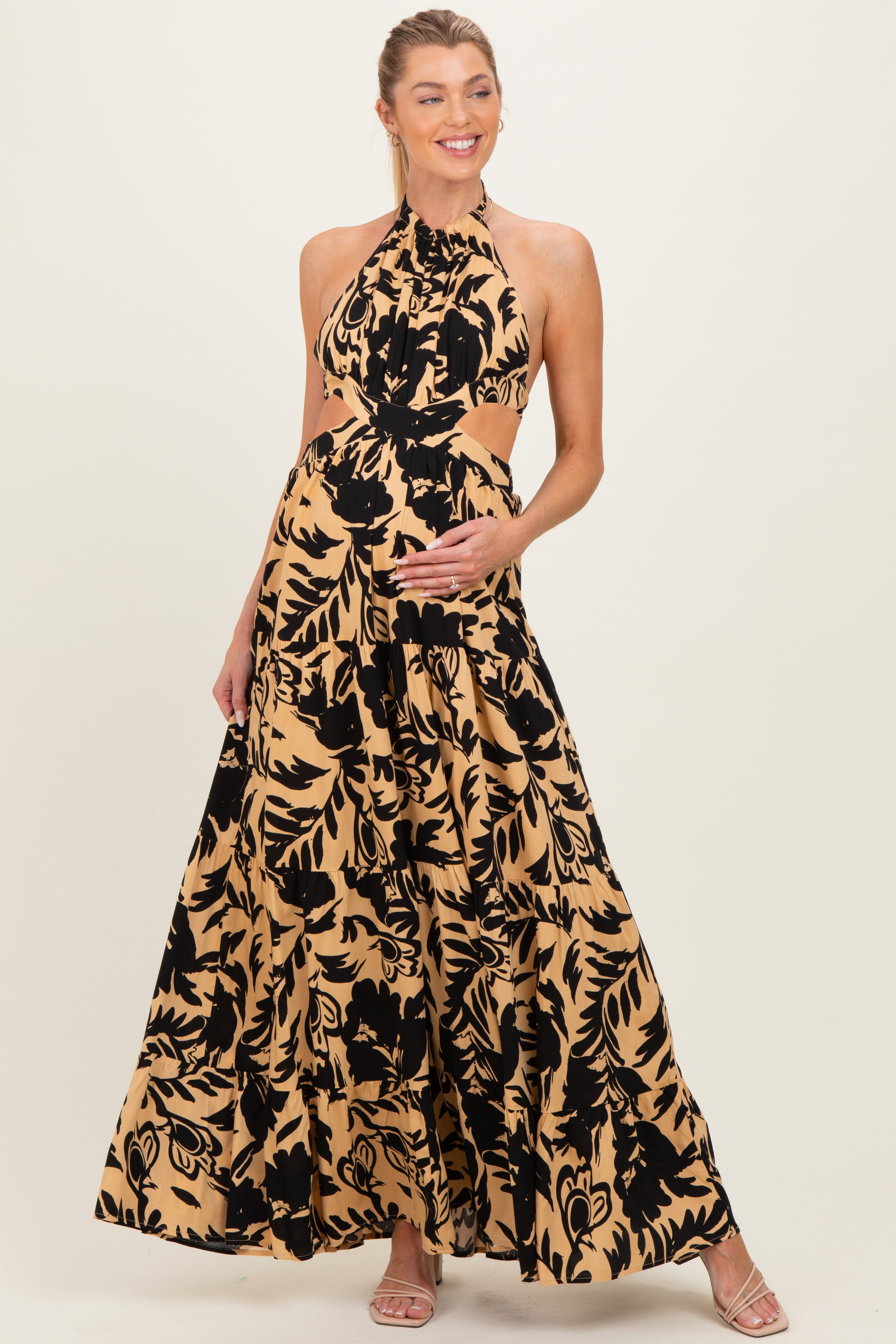 Umstandsmaxikleid mit Blumenmuster, Neckholder, Cut-out und offenem Rücken