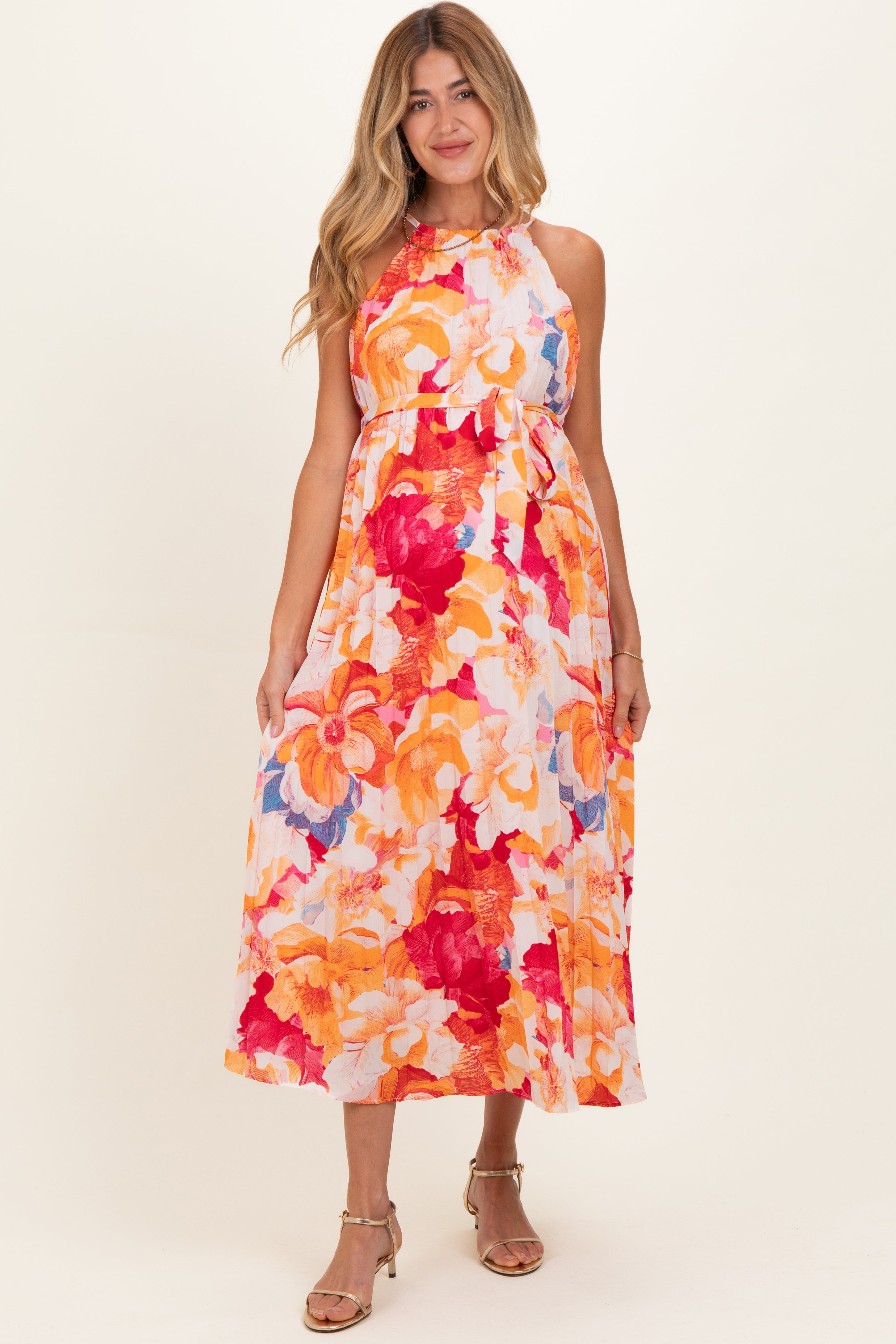 Plissiertes Umstands-Midikleid in Koralle mit Blumenmuster