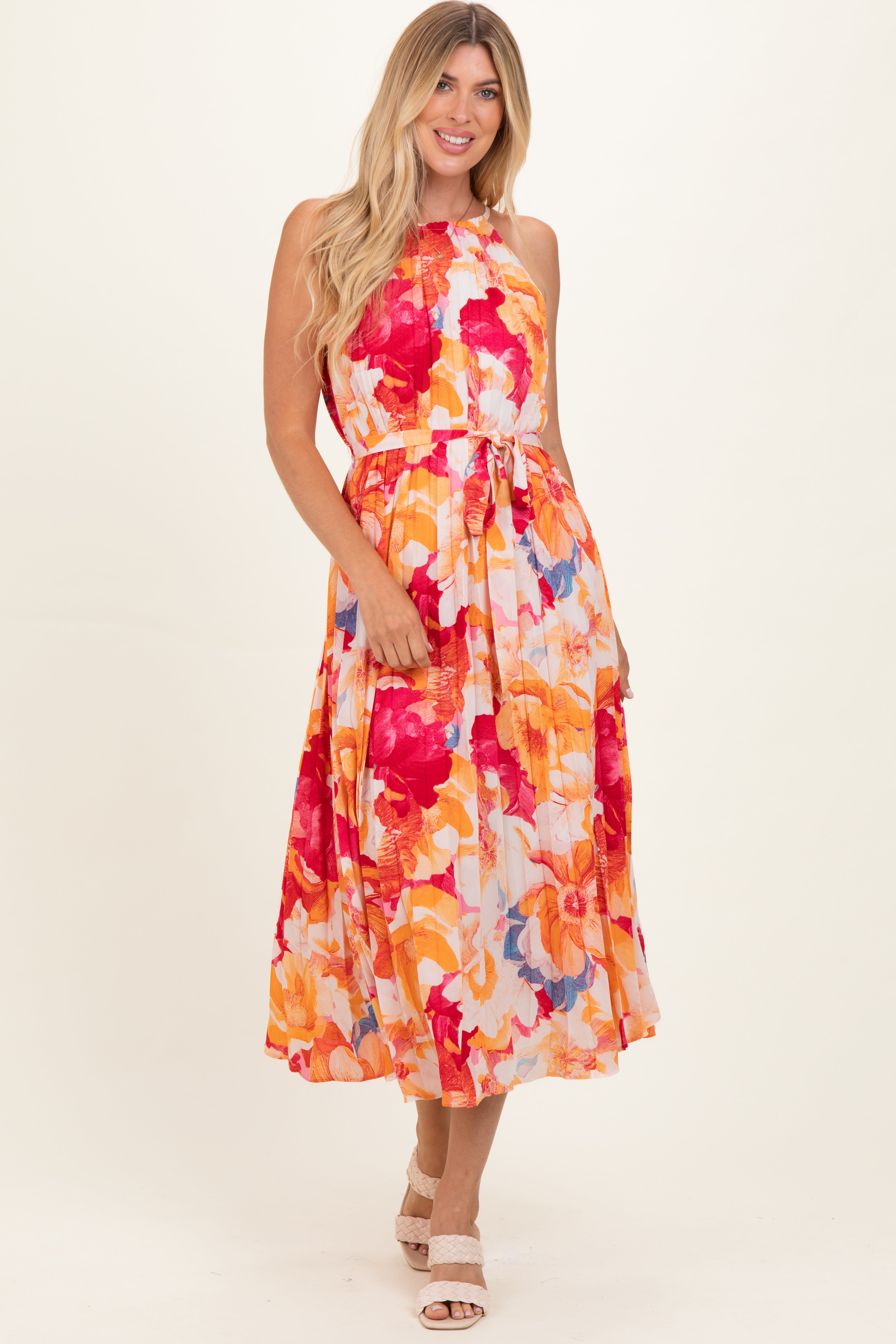 Plissiertes Umstands-Midikleid in Koralle mit Blumenmuster
