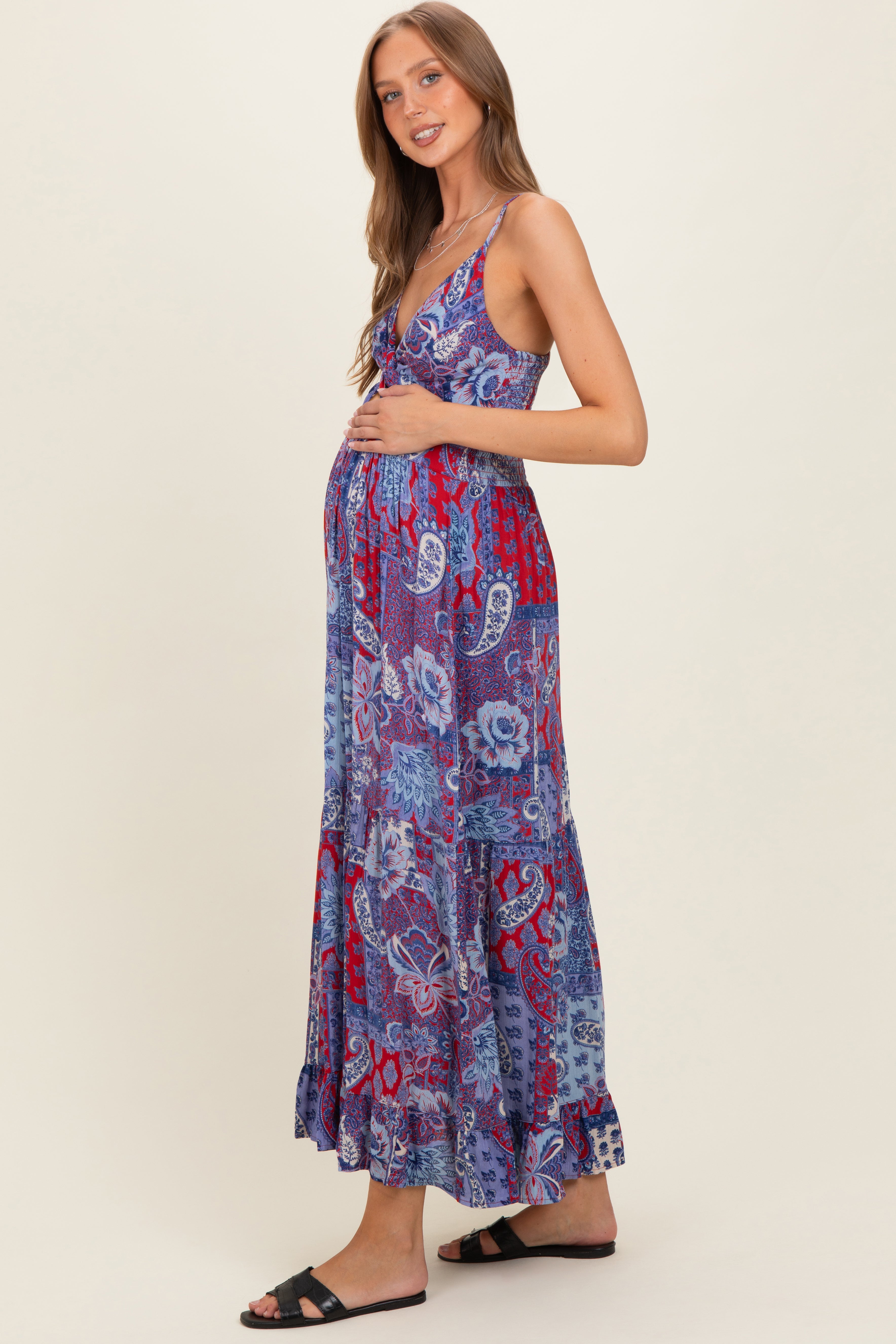 #Farbe_Marineblau-Rot mit V-Ausschnitt, Twist-Front und Cut-out