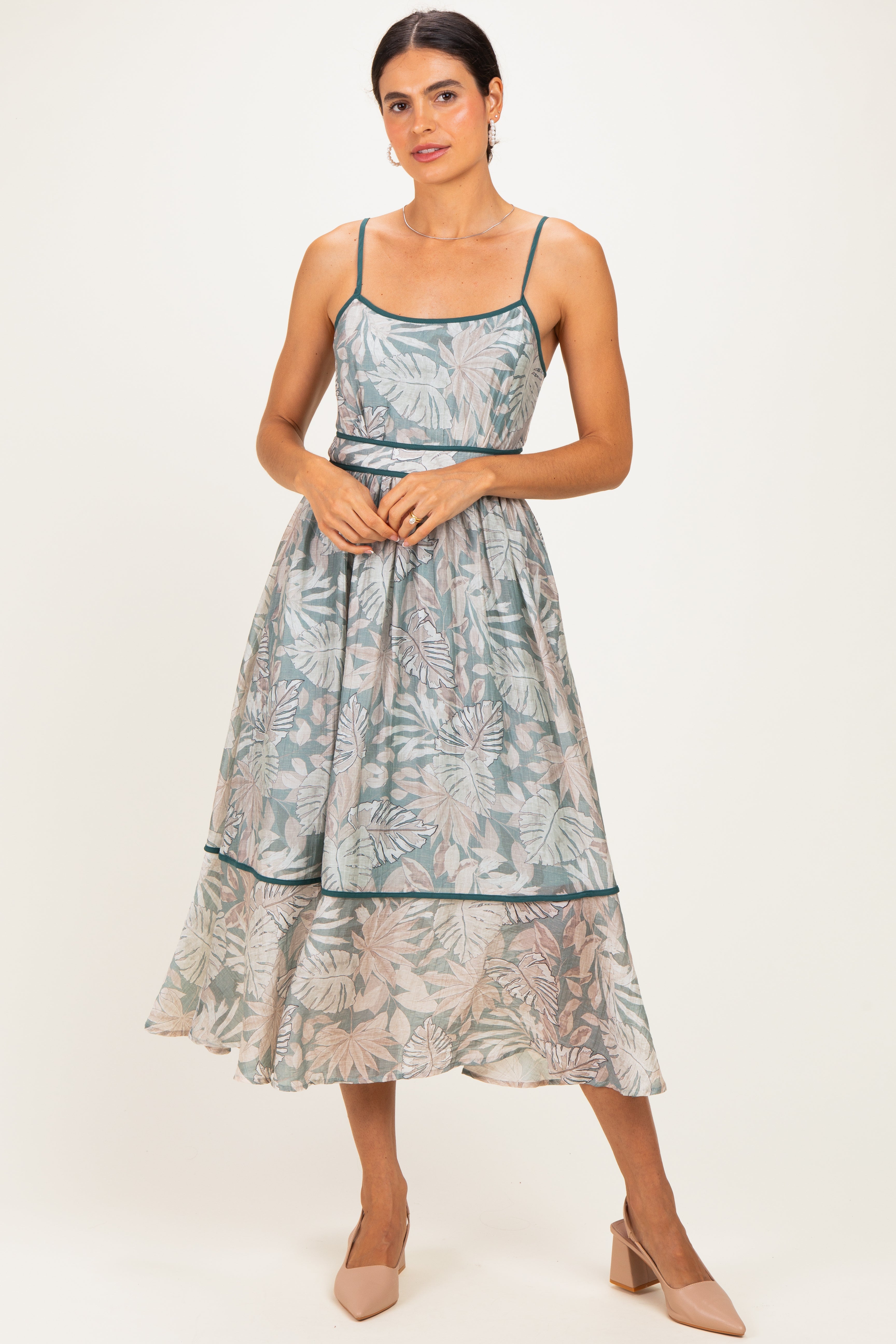 Bedrucktes Umstands-Midikleid mit Cut-out und Rückenbindeband in Dunkelgrün