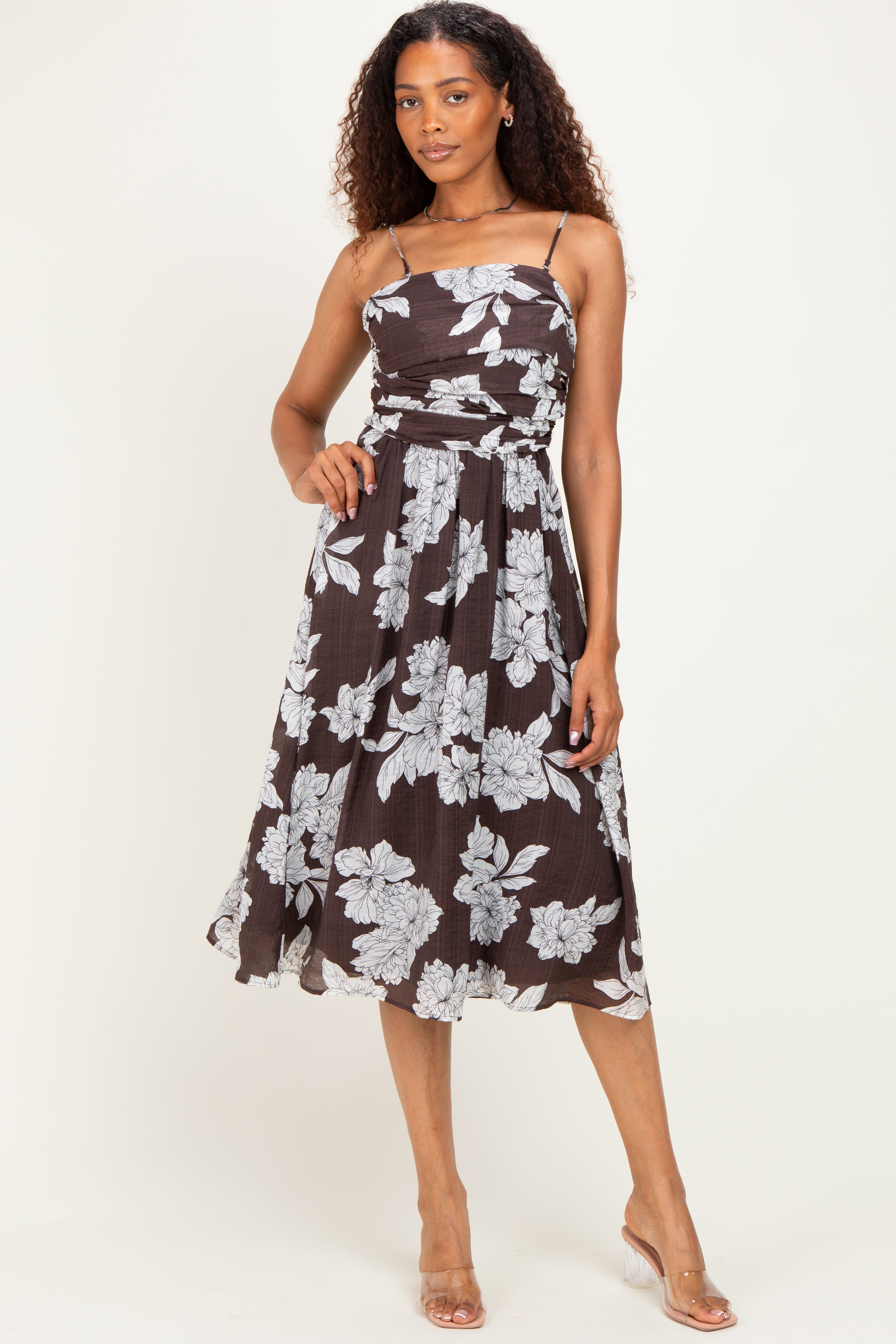 Umstands-Midikleid in Braun mit Blumenmuster und Rückenbindung