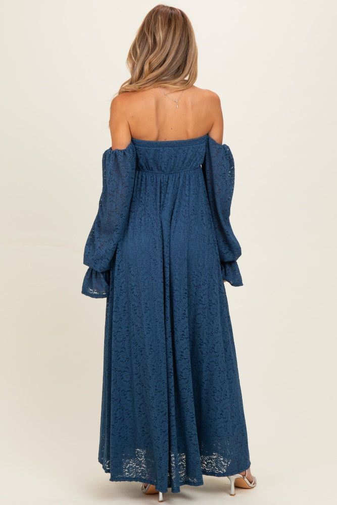 Blaues Umstands-Fotoshooting-Kleid aus Spitze mit Blumenmuster und langen Ärmeln