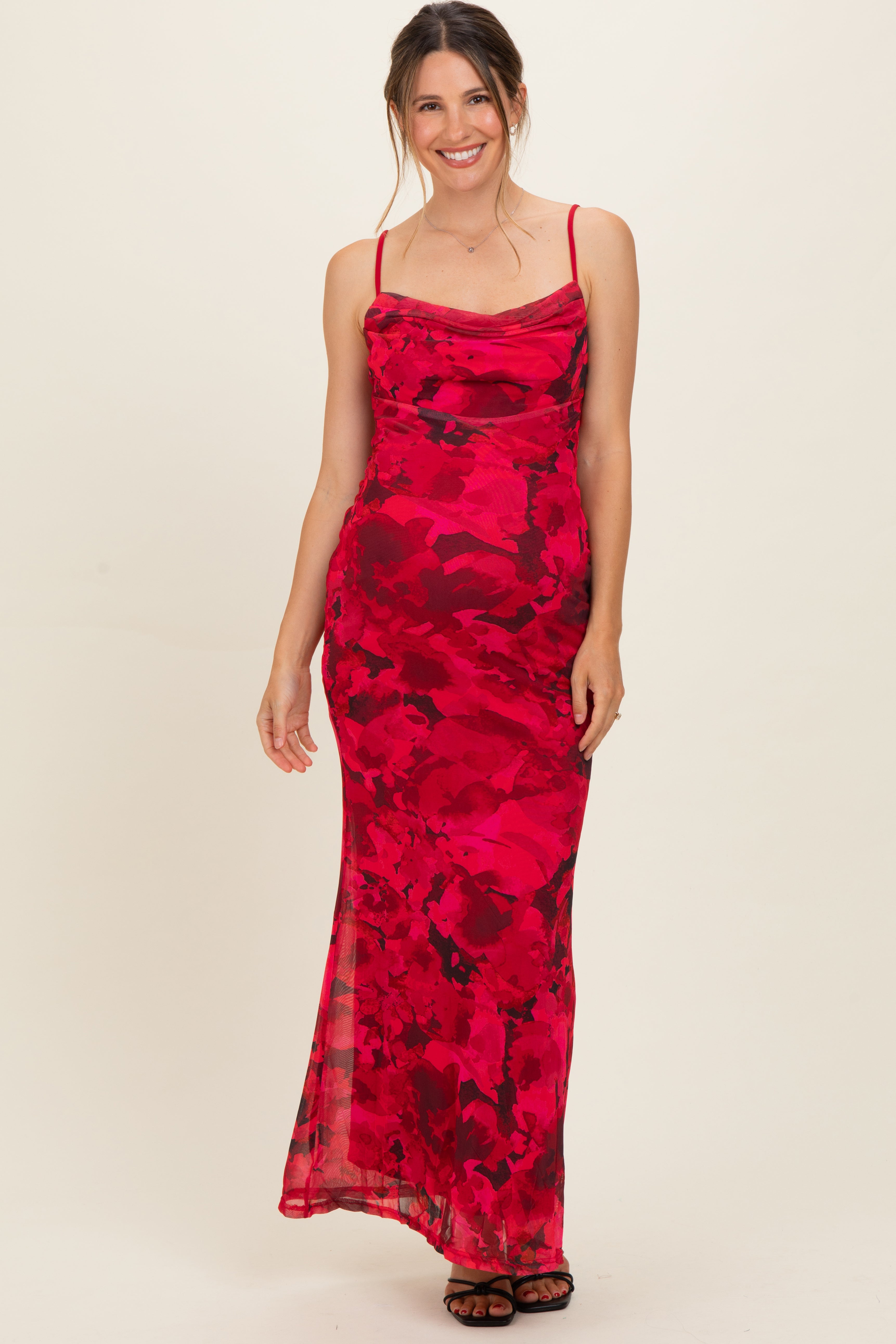Rotes bedrucktes Umstands-Maxikleid mit Kreuzband-Rücken