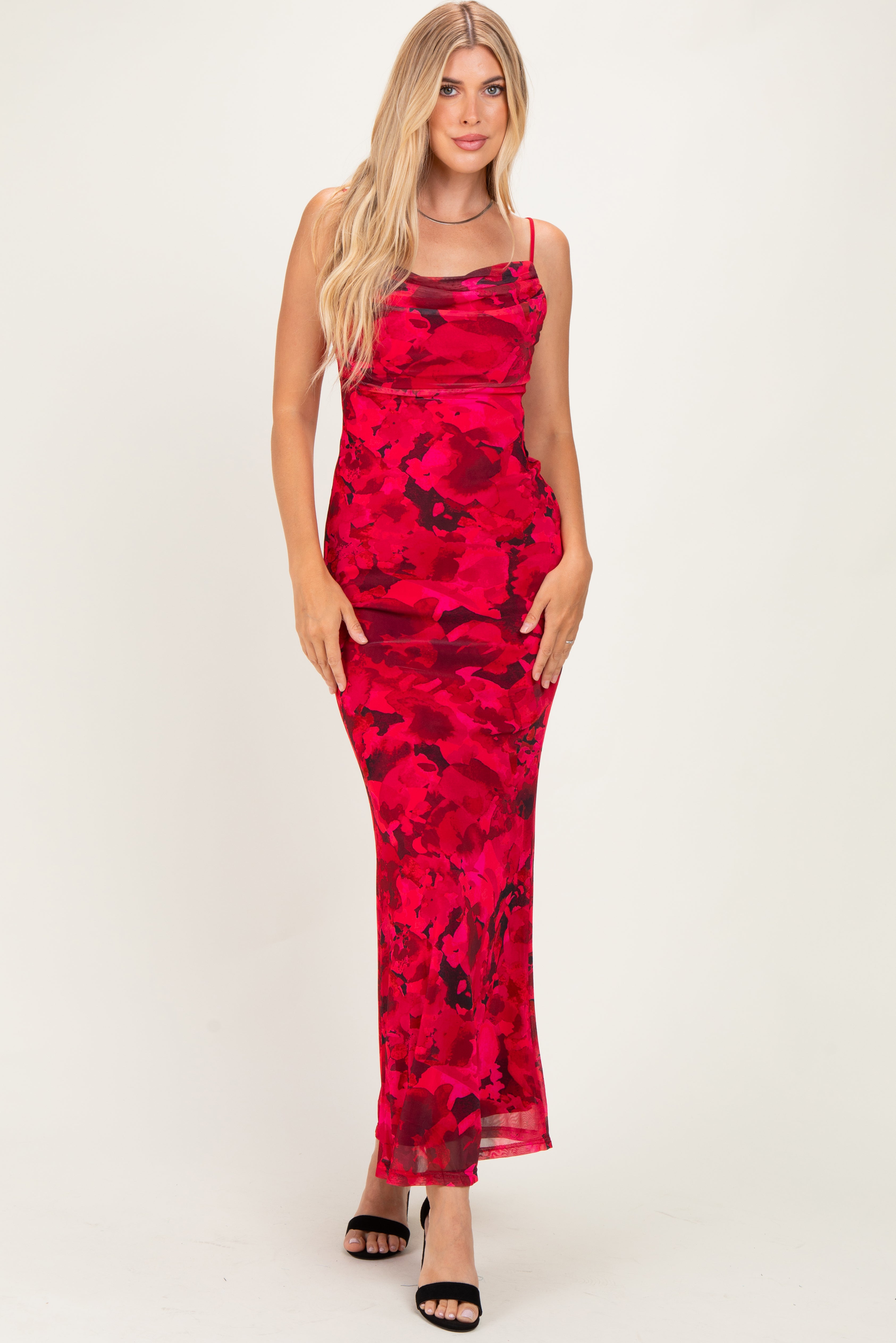 Rotes bedrucktes Umstands-Maxikleid mit Kreuzband-Rücken