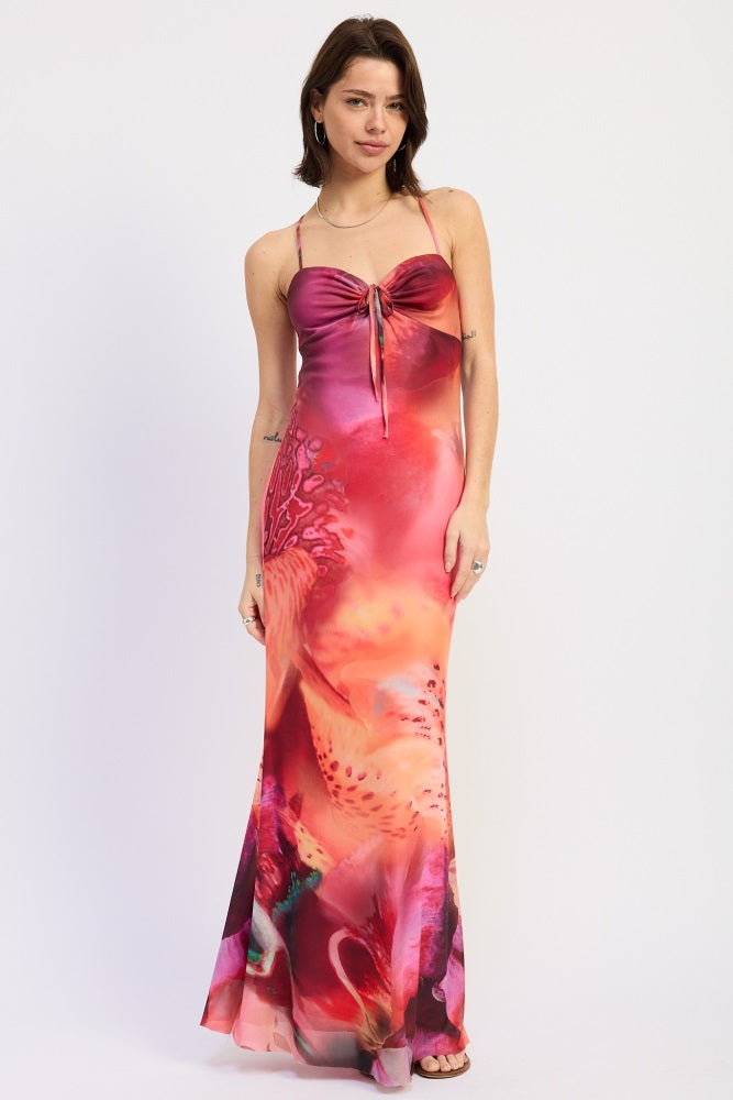 Umstands-Maxikleid in Rosa mit Print und Kreuzband am Rücken