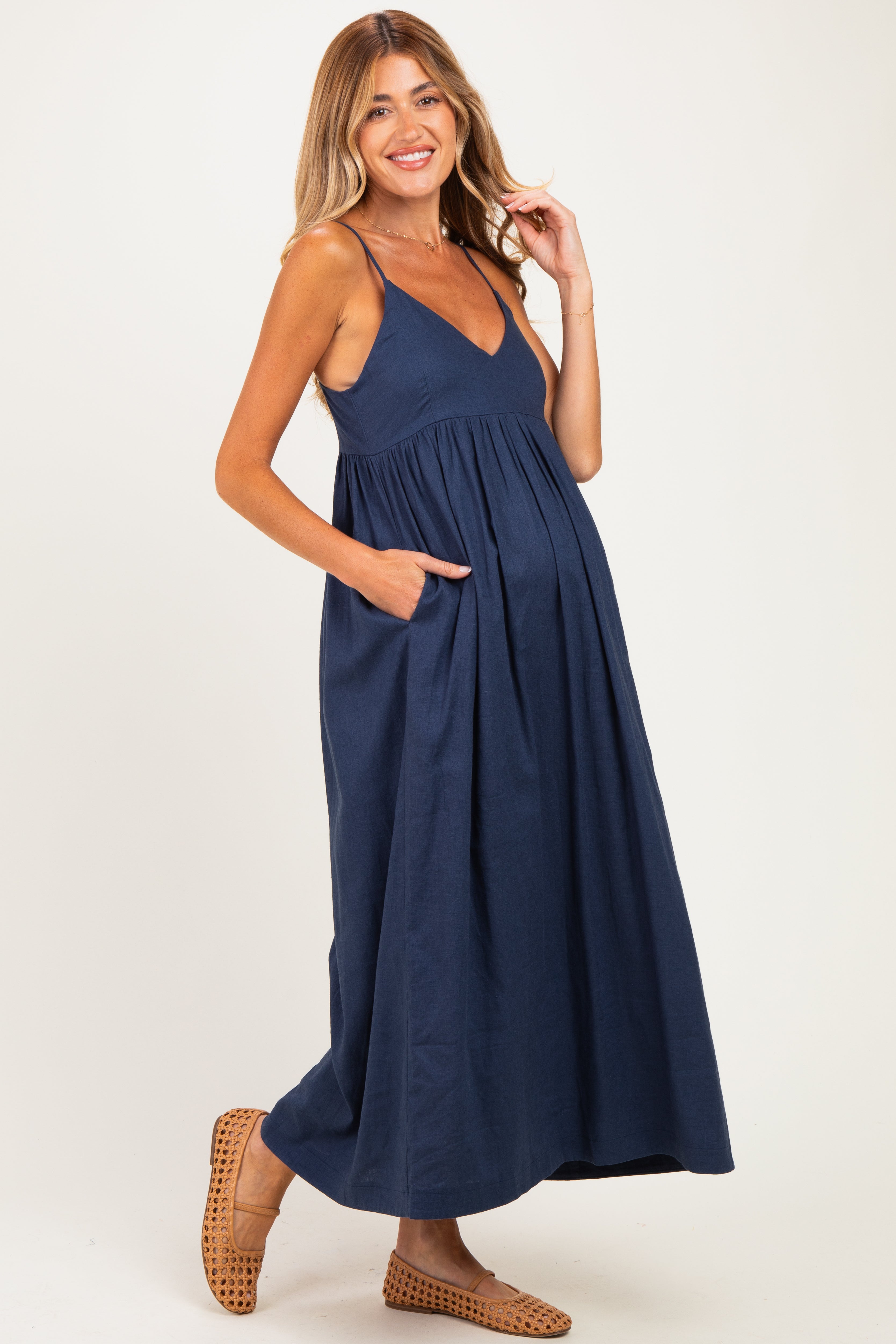 Ärmelloses Umstands-Maxikleid aus Leinenmischung in Marineblau