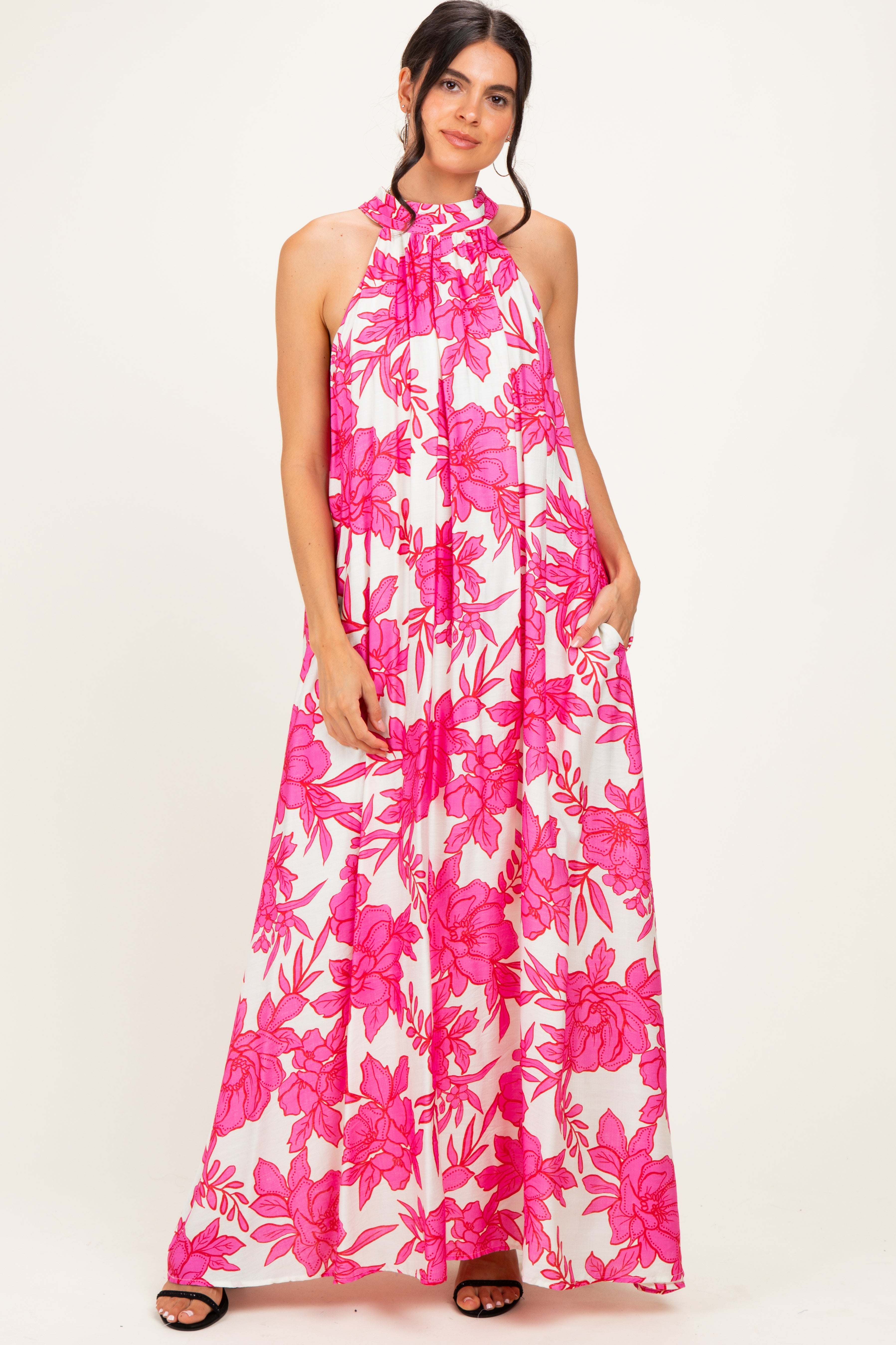 Geblümtes Umstands-Maxikleid mit Neckholder in Rosa