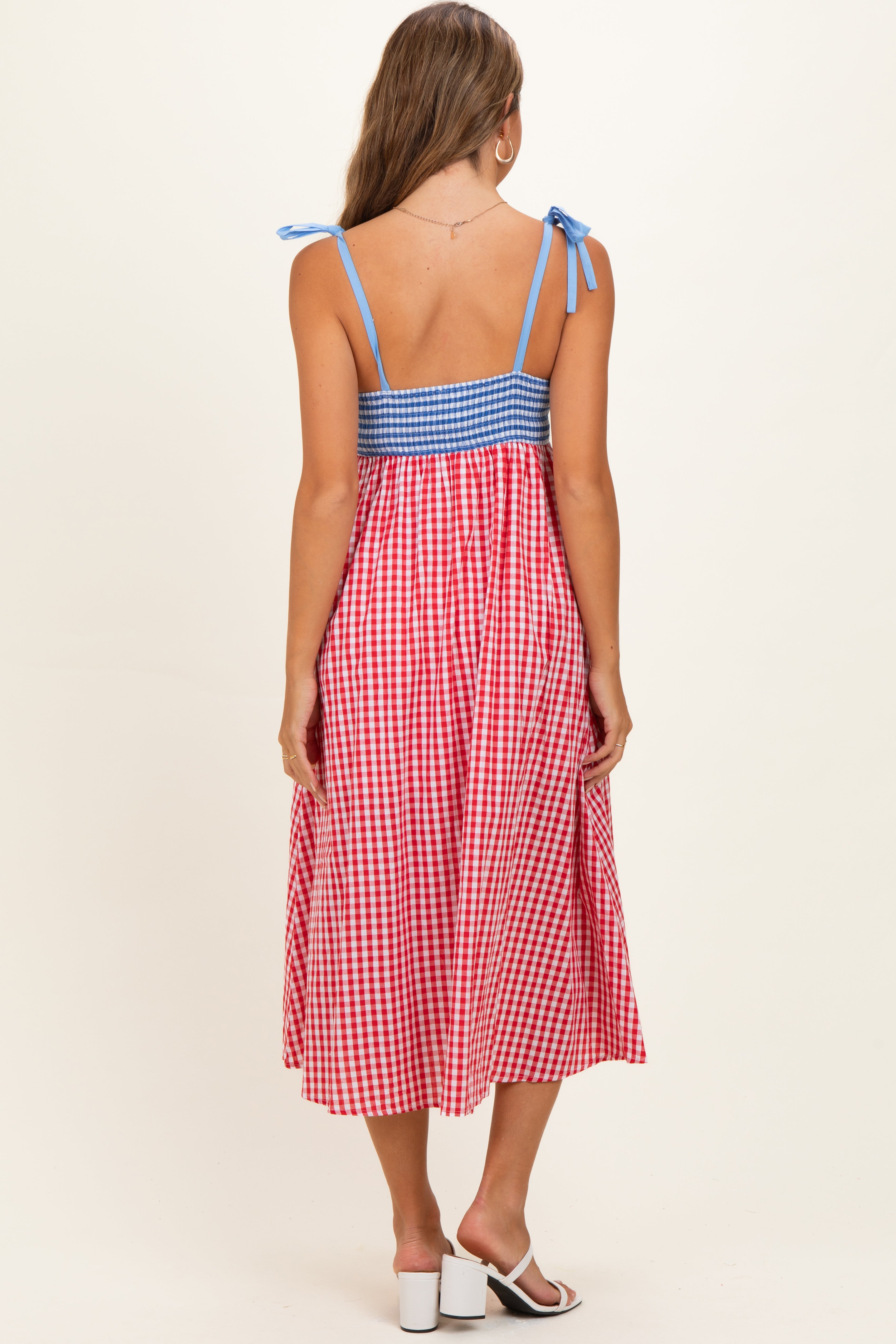 Rotes Umstands-Midikleid mit Vichy-Karo, Colourblock und Muschelsaum
