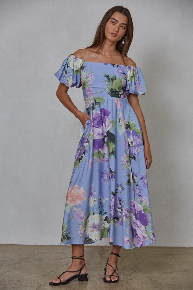 Blumen-Umstandsmidikleid mit Schulterfreiem Ausschnitt und Ballonärmeln