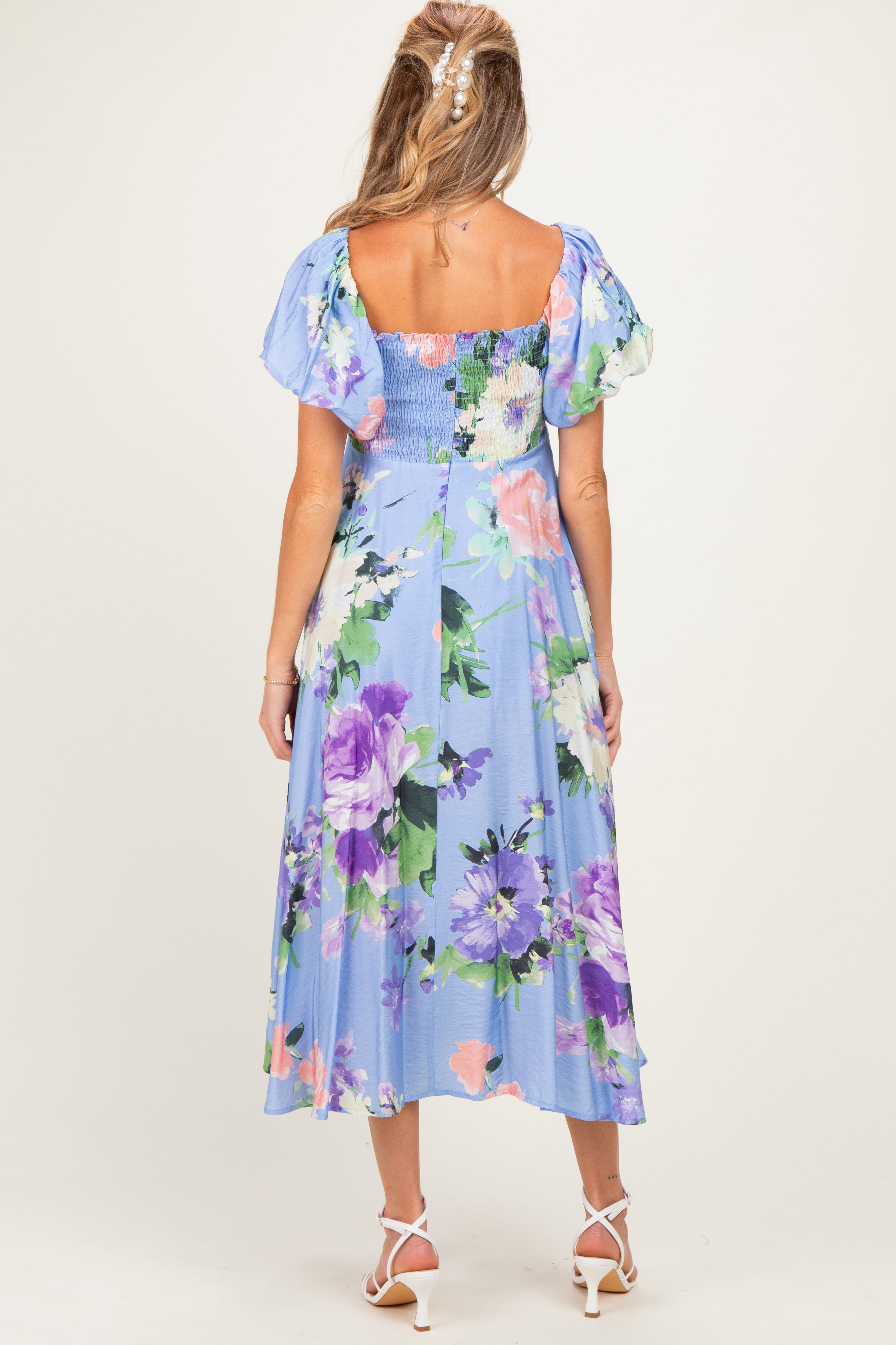 Blumen-Umstandsmidikleid mit Schulterfreiem Ausschnitt und Ballonärmeln