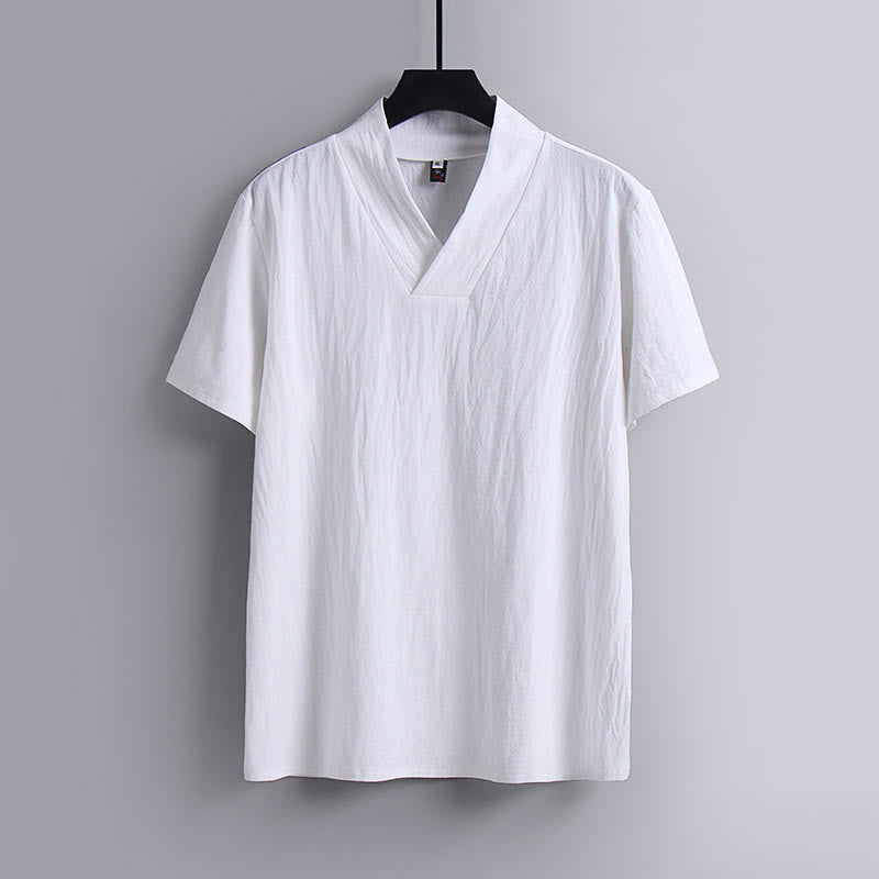 Herren-T-Shirt, locker geschnitten, einfarbig, Kurzarm, V-Ausschnitt, atmungsaktives Baumwoll-Leinen-Hemd