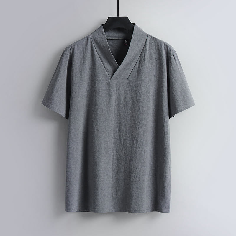 Herren-T-Shirt, locker geschnitten, einfarbig, Kurzarm, V-Ausschnitt, atmungsaktives Baumwoll-Leinen-Hemd