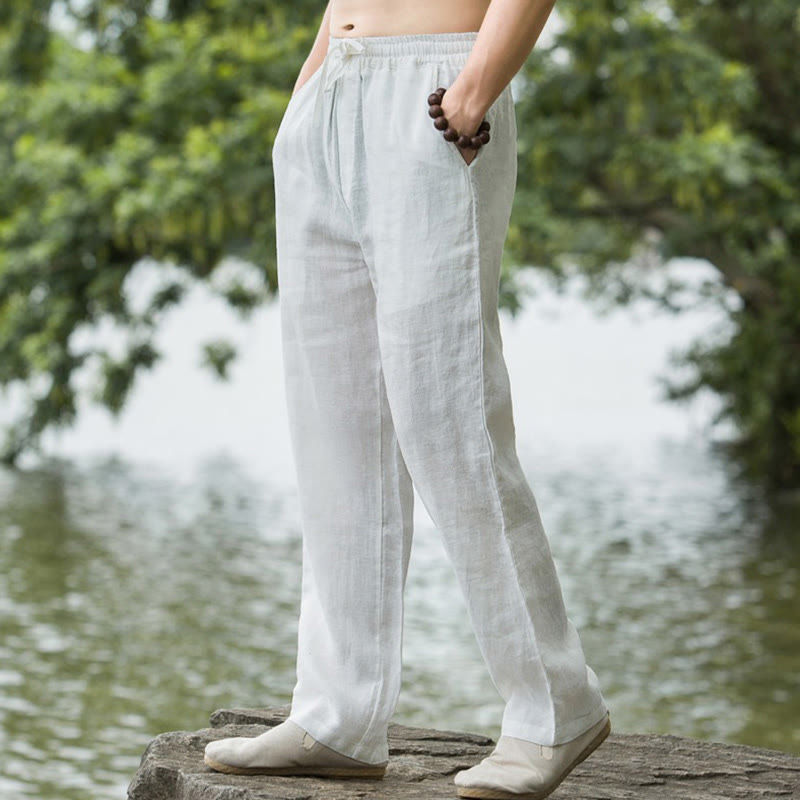 Einfarbige Herrenhose aus Baumwollleinen mit weitem Bein und Taschen