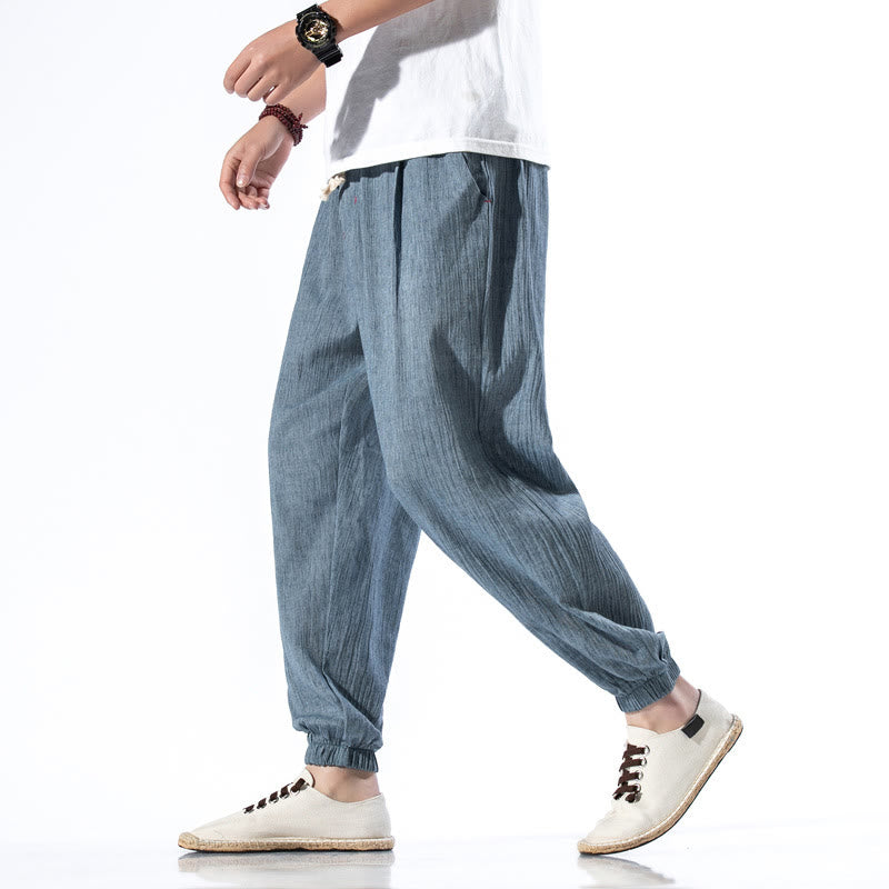 Lässige, einfarbige Herrenhose aus Leinen mit Kordelzug und Taschen