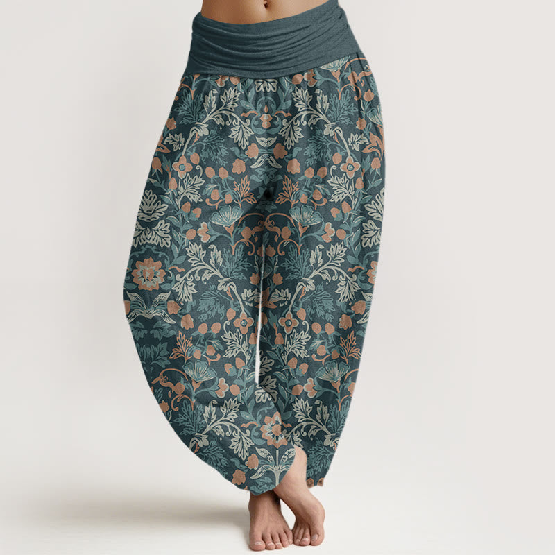 Baumwoll-Haremshose mit Blumen- und Rankenmuster für Damen, elastischer Bund