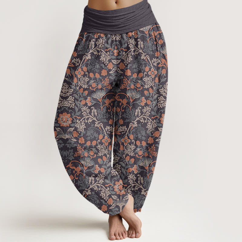 Baumwoll-Haremshose mit Blumen- und Rankenmuster für Damen, elastischer Bund