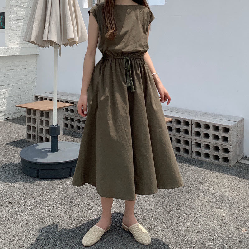 Casual Eastic Kurzarm-Midikleid mit Kordelzug in der Taille