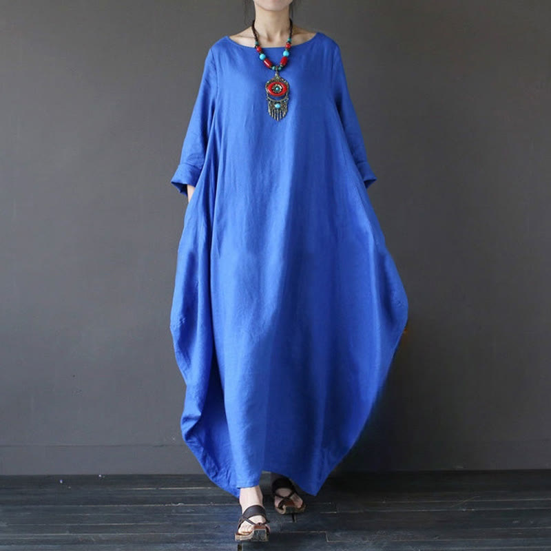 Einfarbiges Maxikleid aus Baumwolle mit Dreiviertelärmeln für Damen