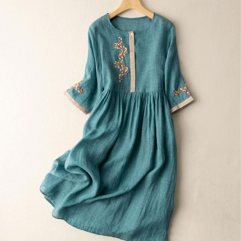 Frühlings-Midikleid mit ethnischer Stickerei und halben Ärmeln für Damen