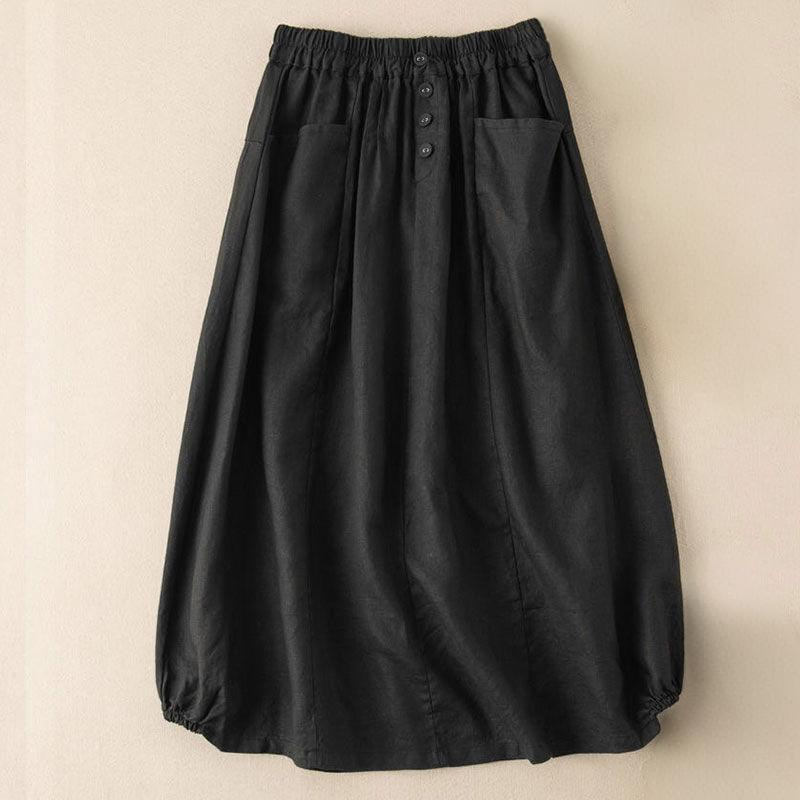 Sommer-Rock mit einfarbigen Knöpfen, elastischer Taille, Länge 7–8, Damen, mit Taschen