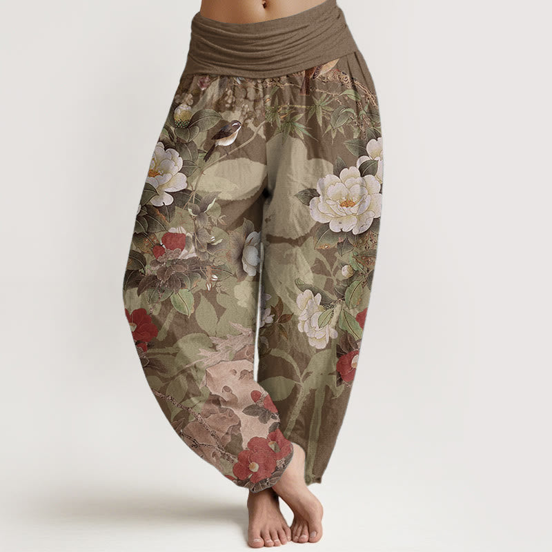Damen-Haremshose aus reiner Baumwolle mit elastischer Taille und Pfingstrosen-Blumen-Blättern