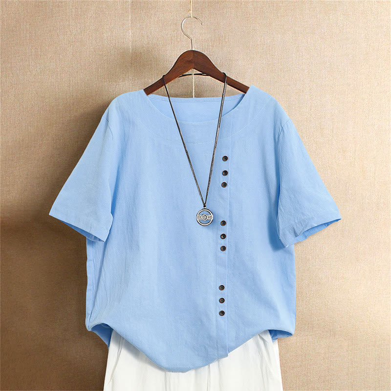 Lässiges Sommer-T-Shirt für Damen, einfarbig, Jacquard-Muster, Rundhalsausschnitt, Kurzarm, mit Knopfleiste