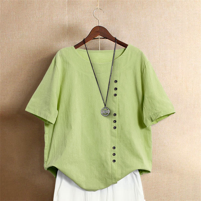 Lässiges Sommer-T-Shirt für Damen, einfarbig, Jacquard-Muster, Rundhalsausschnitt, Kurzarm, mit Knopfleiste