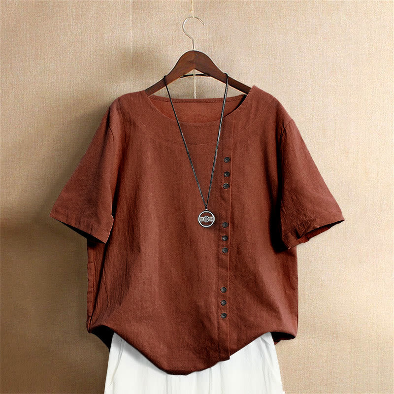 Lässiges Sommer-T-Shirt für Damen, einfarbig, Jacquard-Muster, Rundhalsausschnitt, Kurzarm, mit Knopfleiste