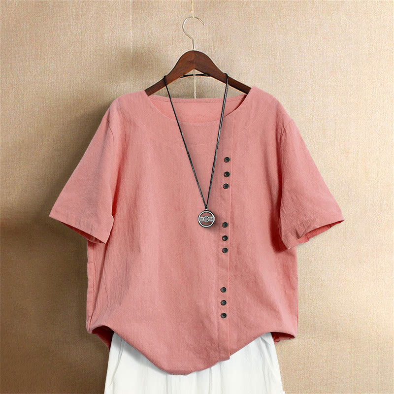 Lässiges Sommer-T-Shirt für Damen, einfarbig, Jacquard-Muster, Rundhalsausschnitt, Kurzarm, mit Knopfleiste