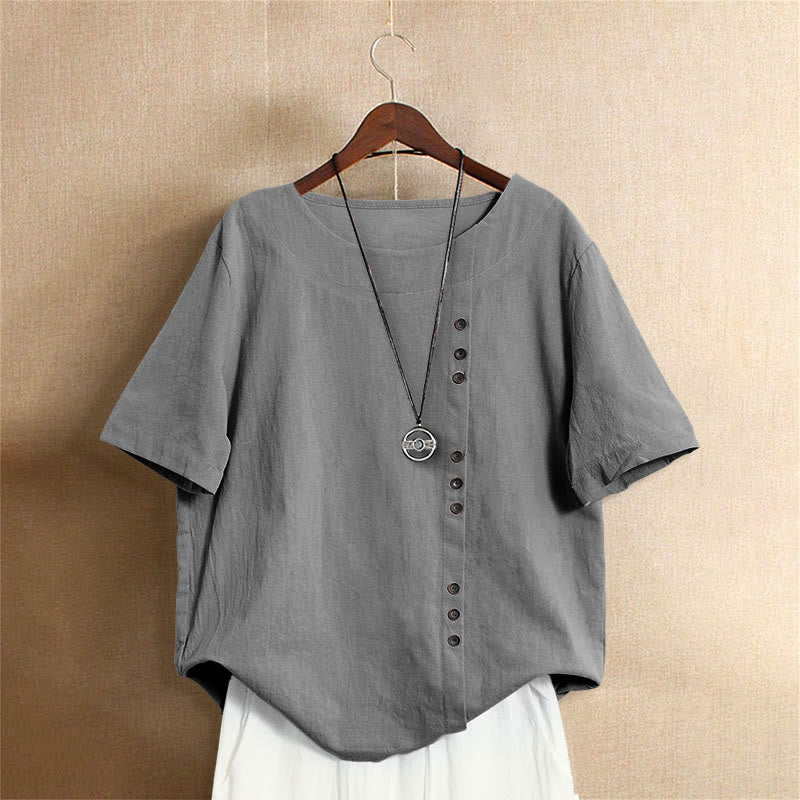 Lässiges Sommer-T-Shirt für Damen, einfarbig, Jacquard-Muster, Rundhalsausschnitt, Kurzarm, mit Knopfleiste