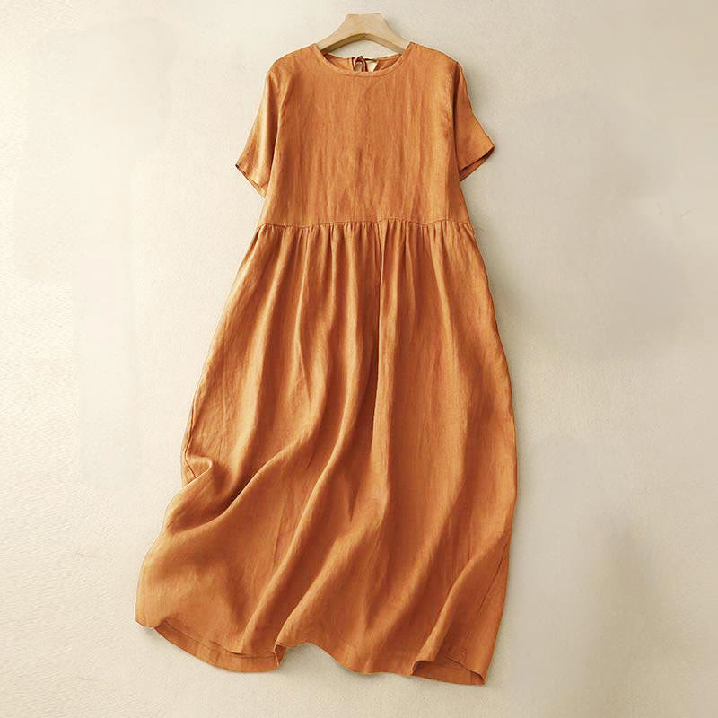 Lässiges Damen-Midikleid mit kurzen Ärmeln, Schleife und Bindebändern und Taschen