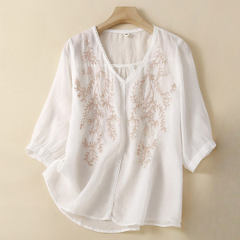 Sommer-Freizeit-T-Shirt mit Blumenzweig-Stickerei, V-Ausschnitt und halben Ärmeln für Damen