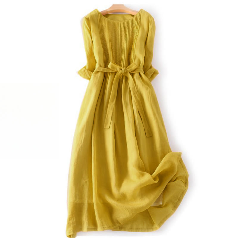 Lässiges, schlichtes Midikleid mit Schnürung, Rundhalsausschnitt, halben Ärmeln und Taschen
